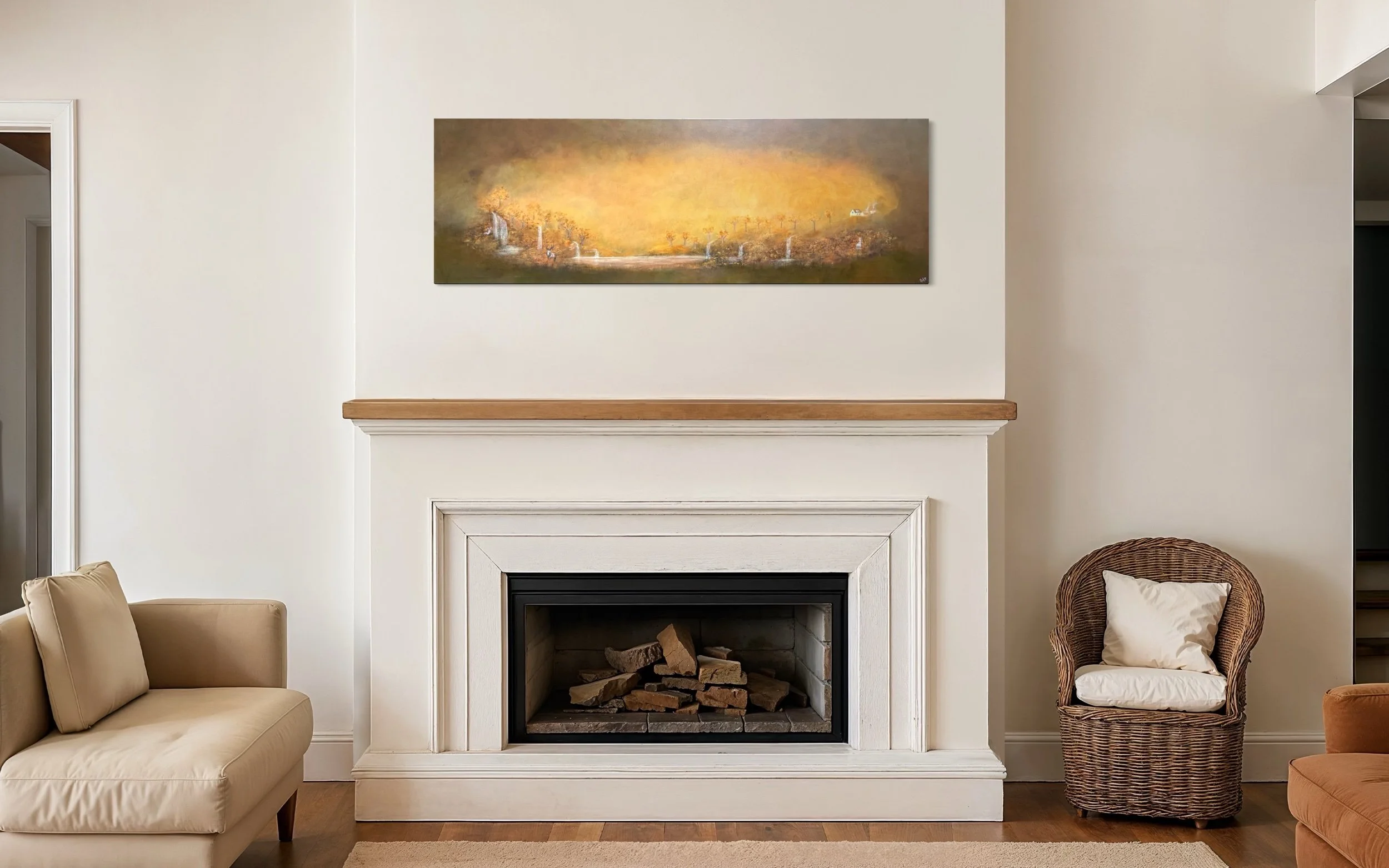 Herbstlandschaft-Acrylgemälde über dem Kamin