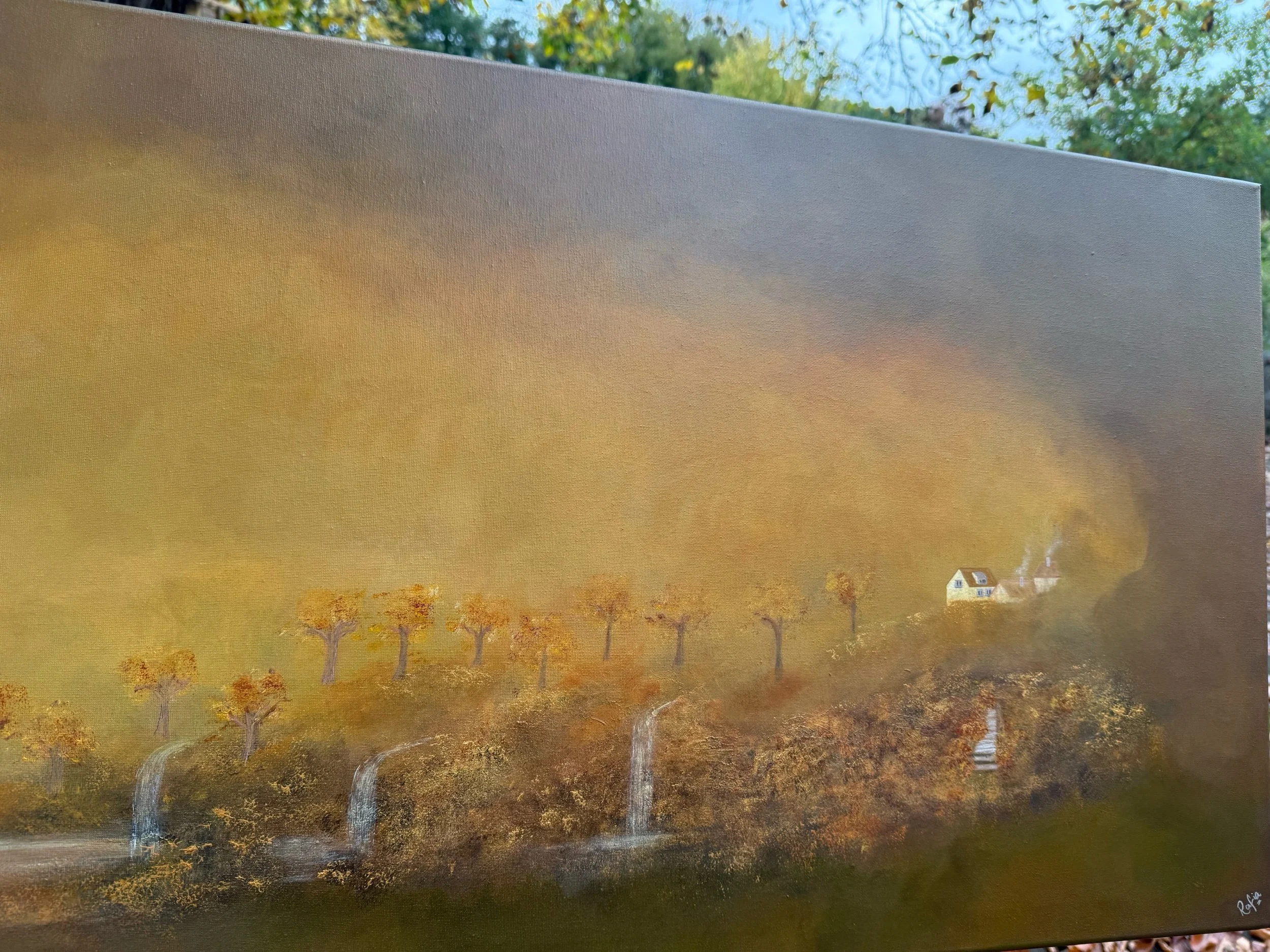 Halb-abstraktes Acrylbild einer Herbstlandschaft mit Haus auf einem Hügel