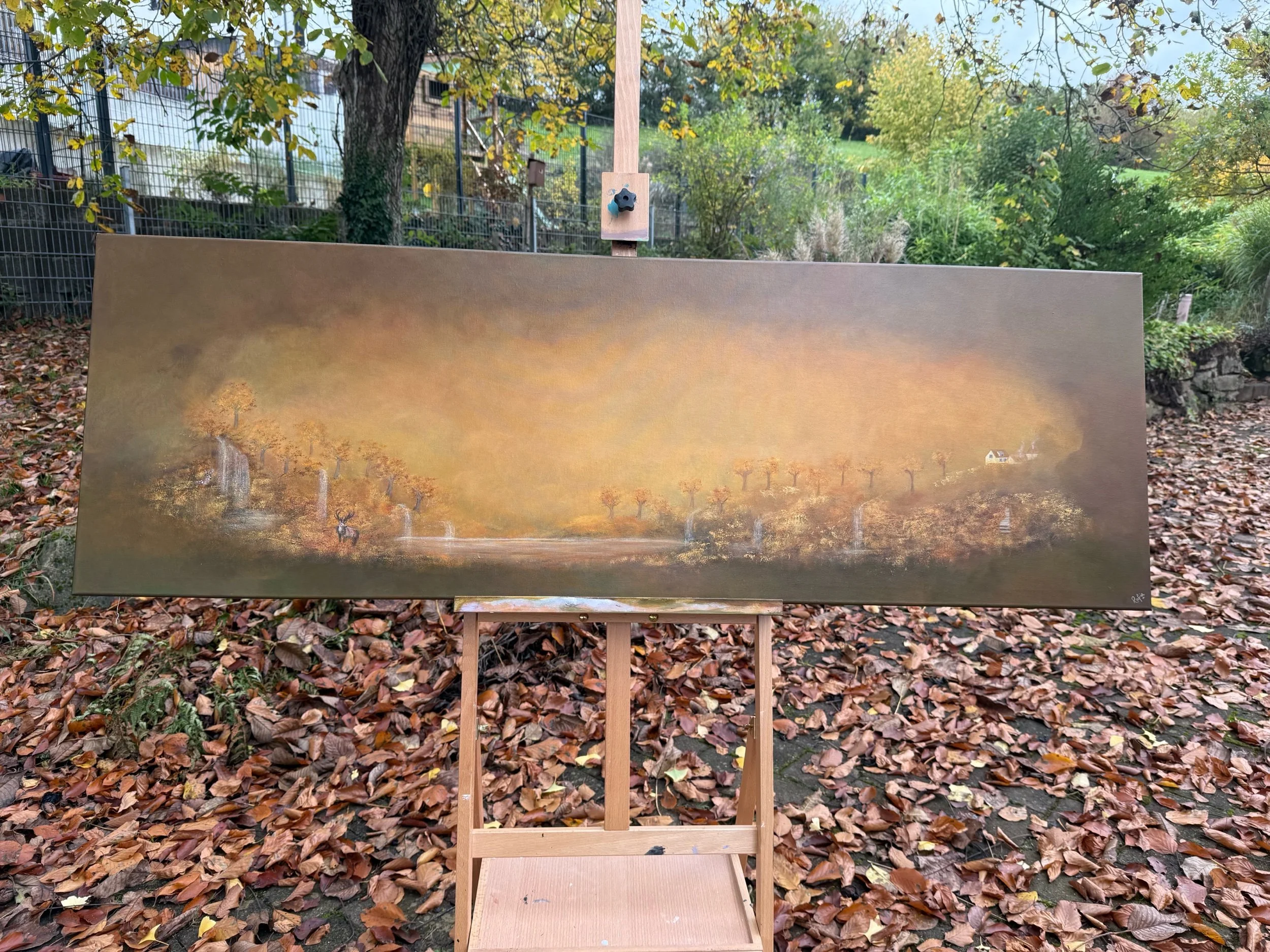 Acryl-Landschaftsbild mit Hirsch in herbstlicher Szenerie