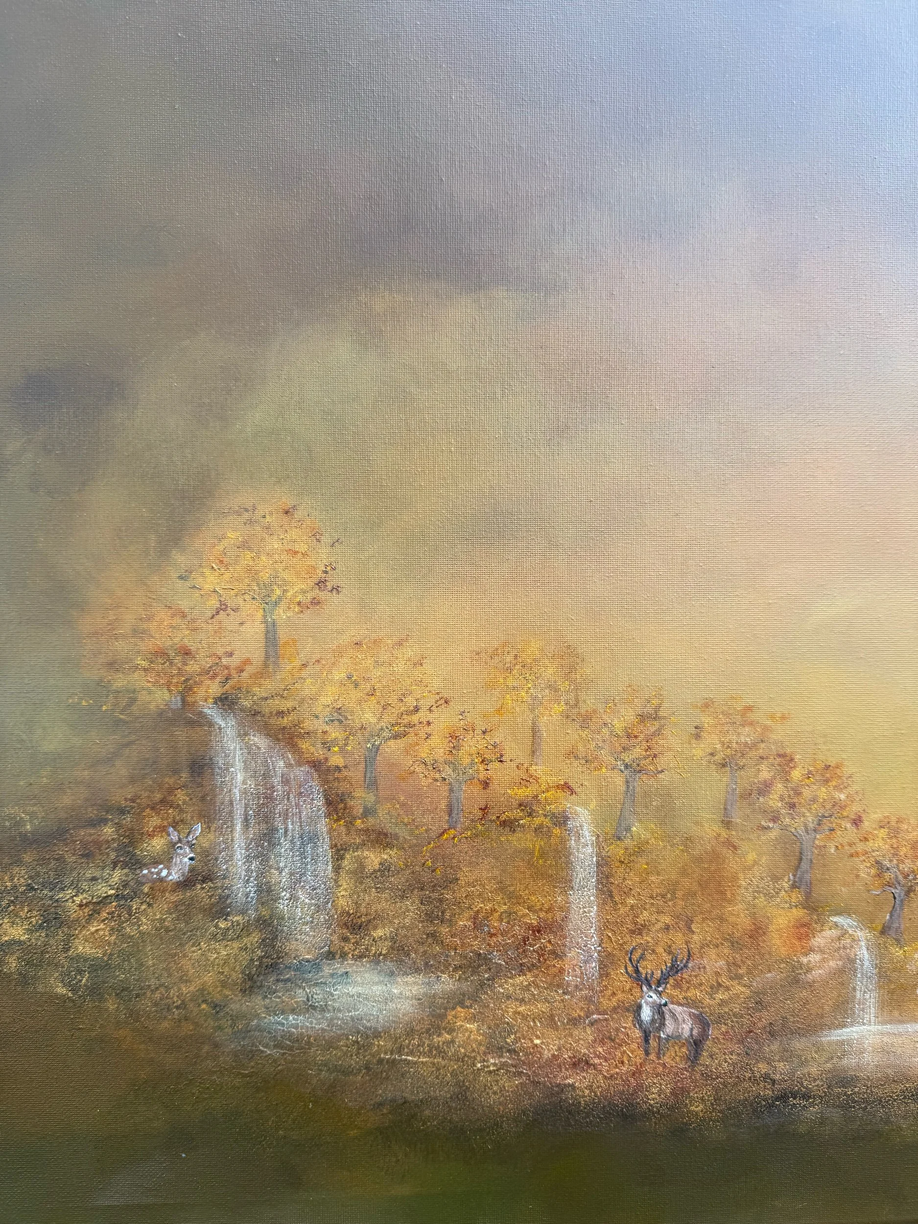 Panorama-Acryl-Wandbild mit goldenen Bäumen und Wasserfällen