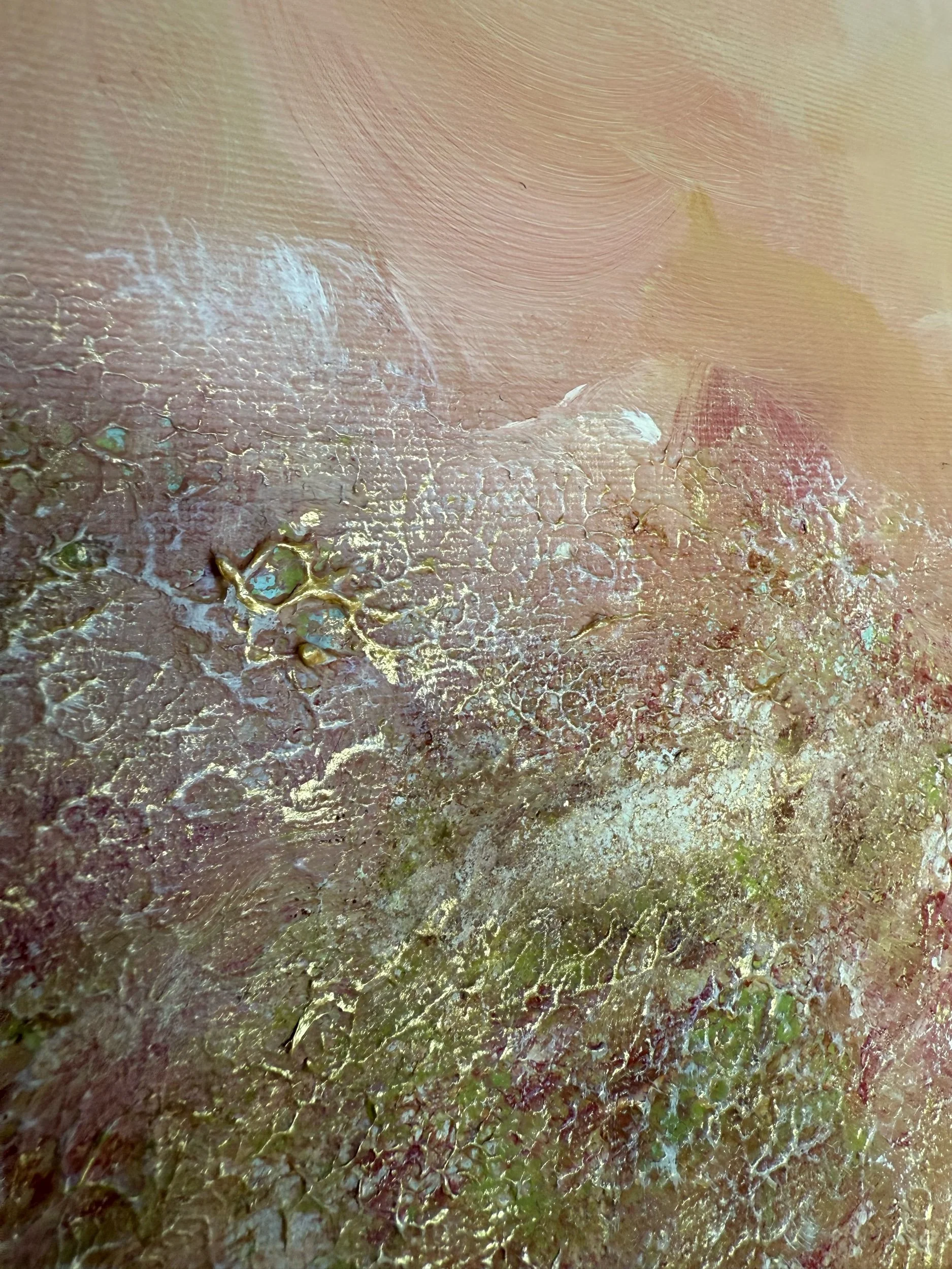 Detaillierte Oberflächenstruktur eines halbabstrakten Landschaftsgemäldes