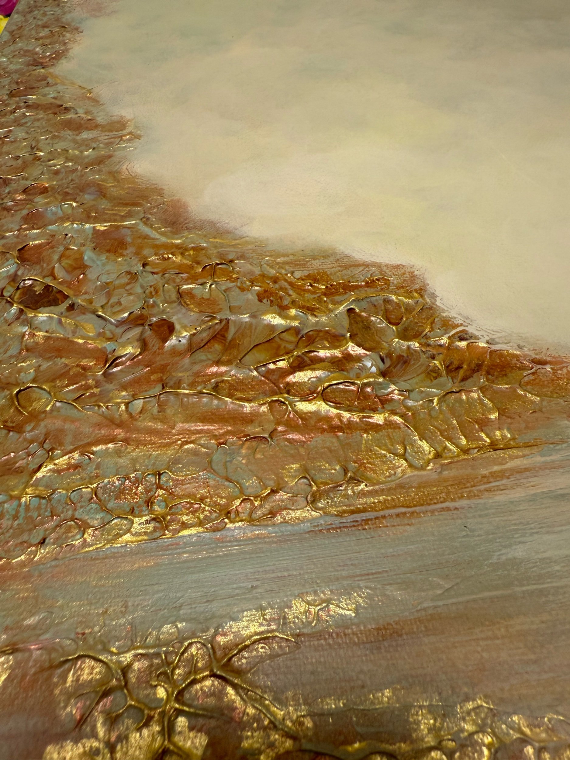 Detail der strukturierten Pinselführung in einem Acryl-Landschaftsgemälde