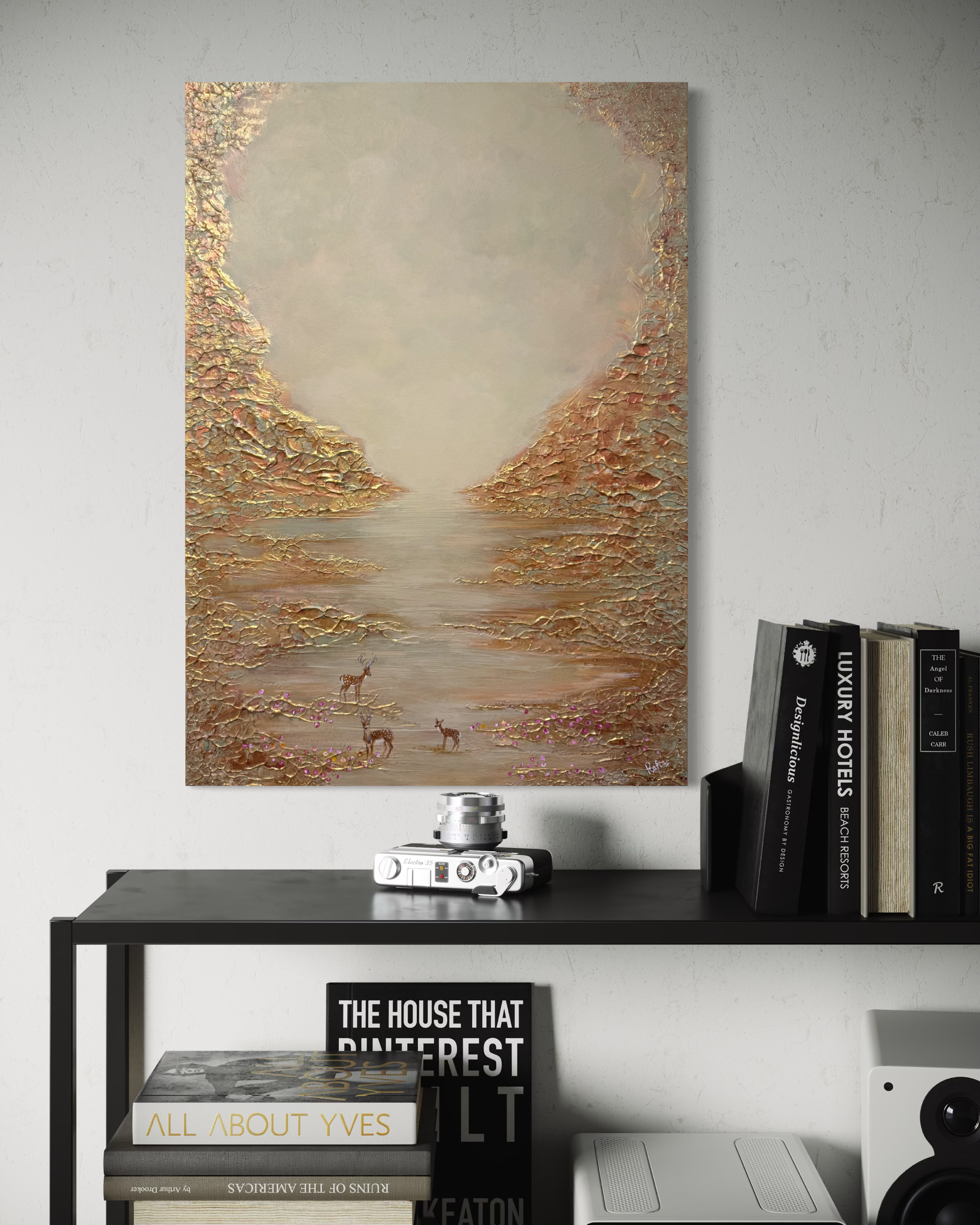 Acrylgemälde einer goldenen Landschaft mit strukturierter, abstrakter Szenerie