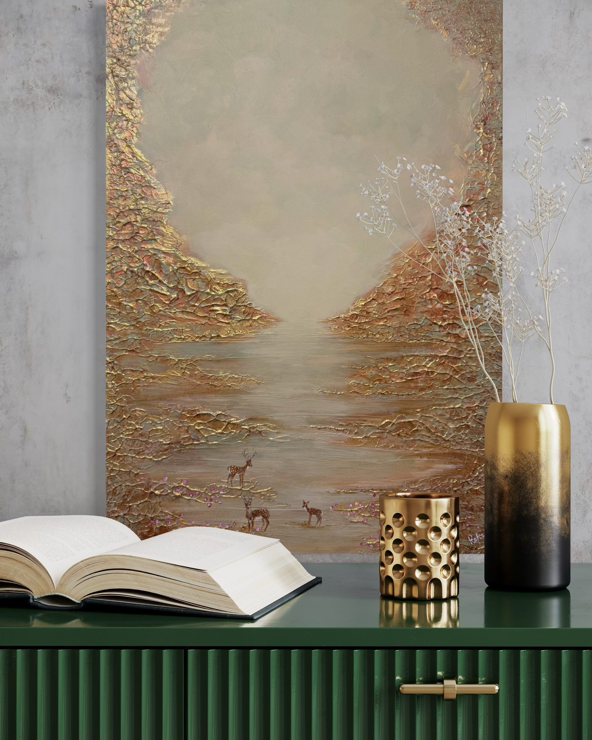 Strukturierte Goldoberfläche moderner Landschaftswandkunst