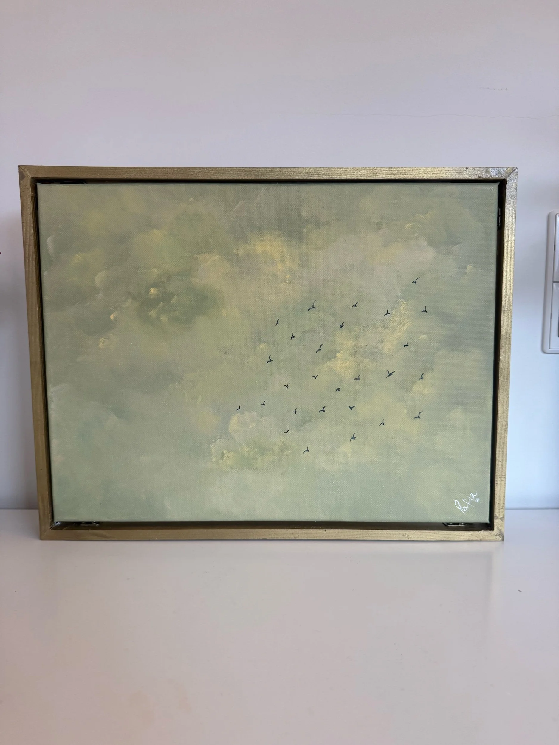 Acrylic sky artwork framed in gold, semi abstract cloud painting