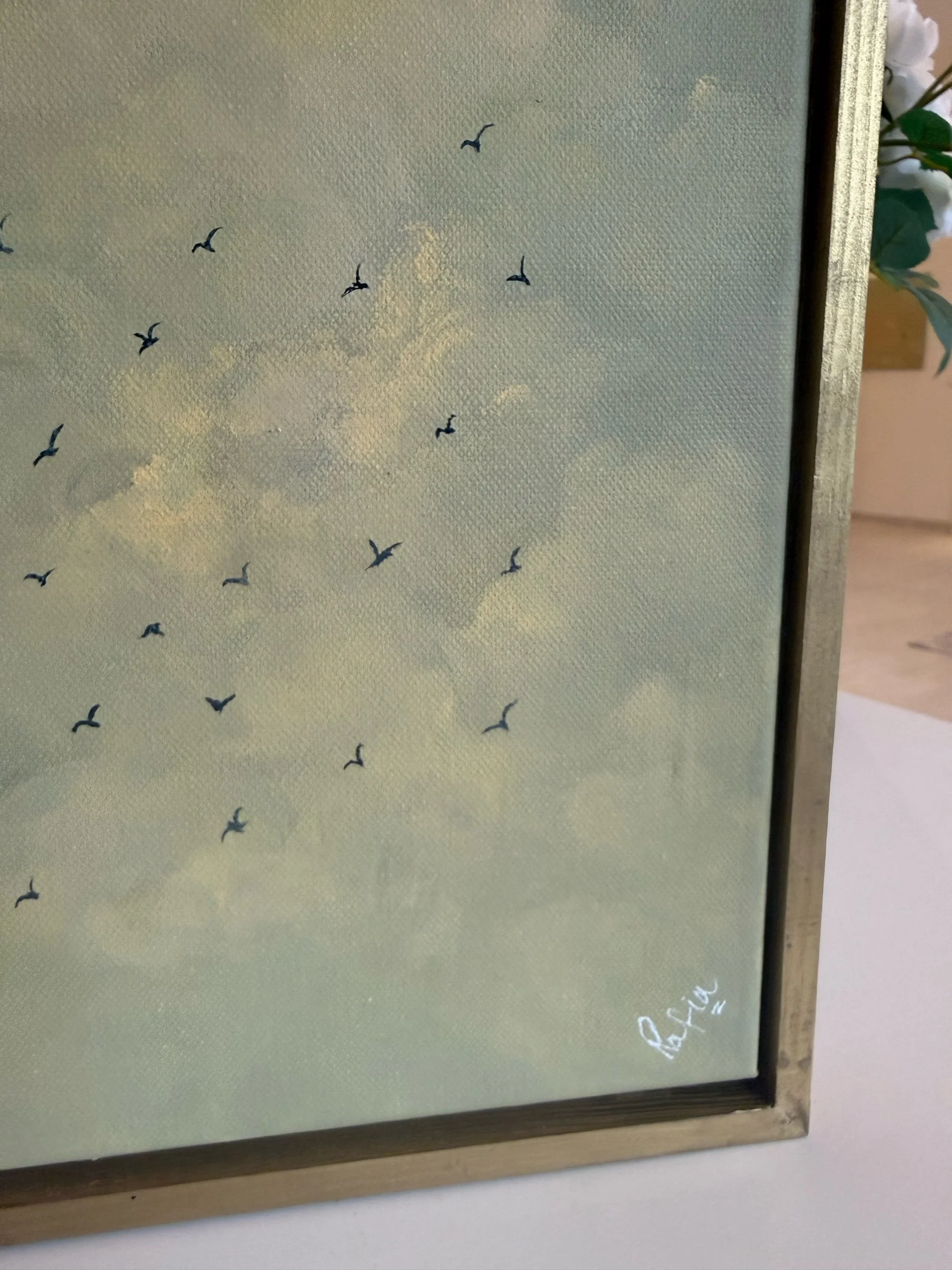 Nahaufnahme von Vögeln in einem abstrakten Himmelsgemälde, moderne Leinwand-Wandkunst