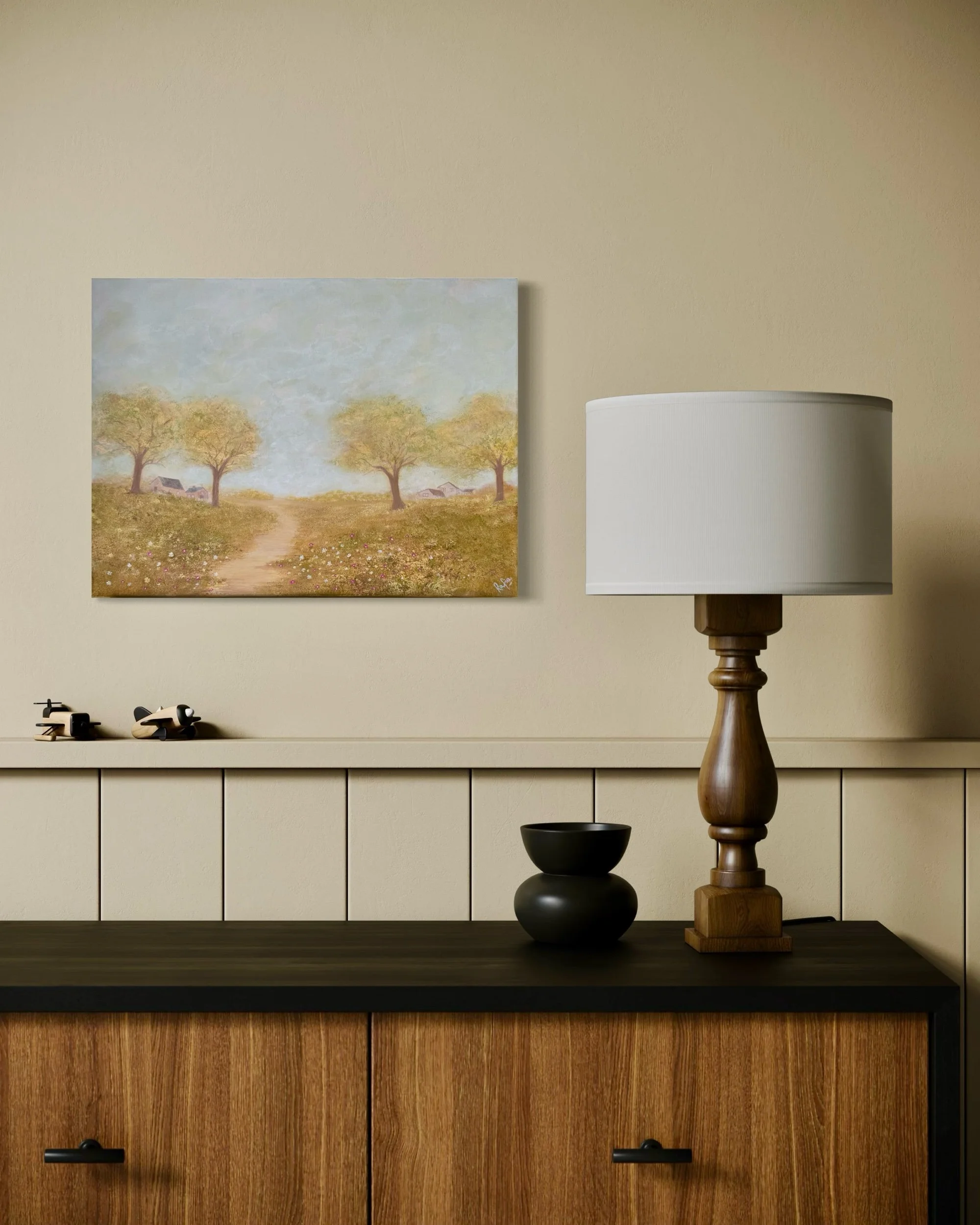 Acryl Landschaftsbild mit Bäumen und sanften Farben