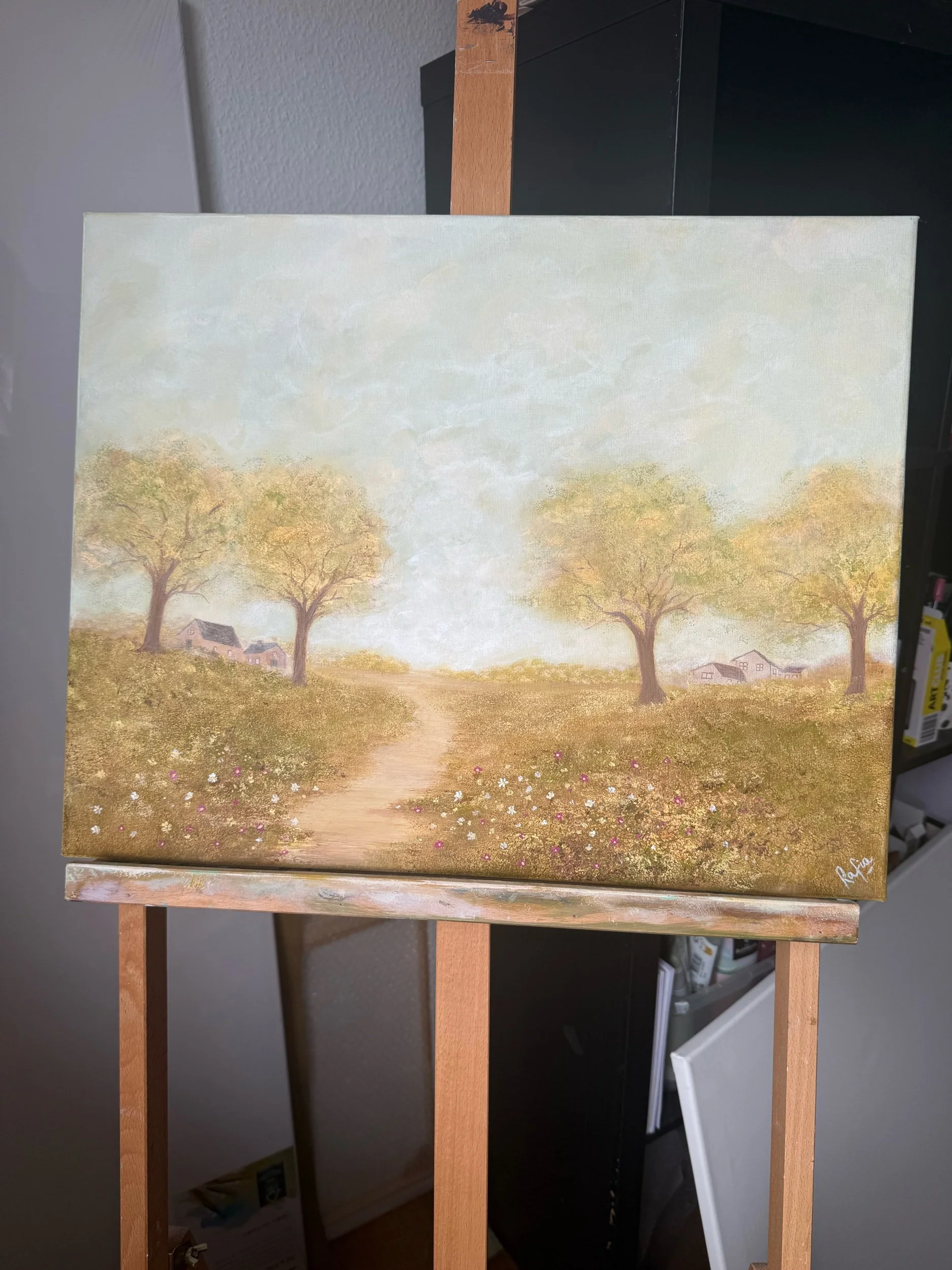 Leinwandbild mit Landschaft und goldenen Tönen