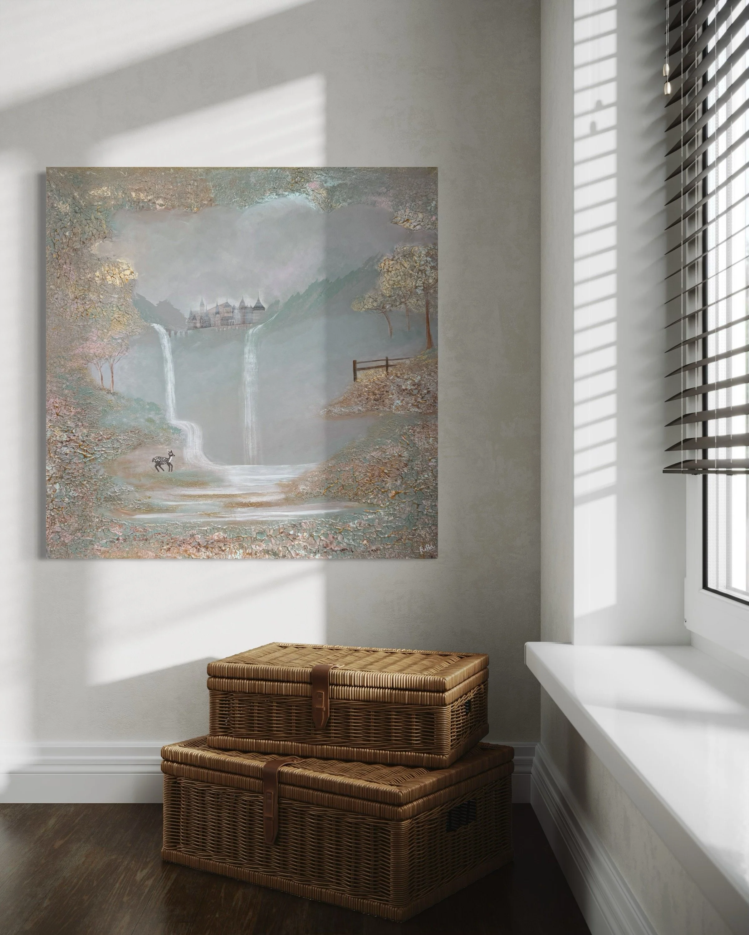 Mystischer Landschaft Kunstdruck mit Wasserfall und Reh