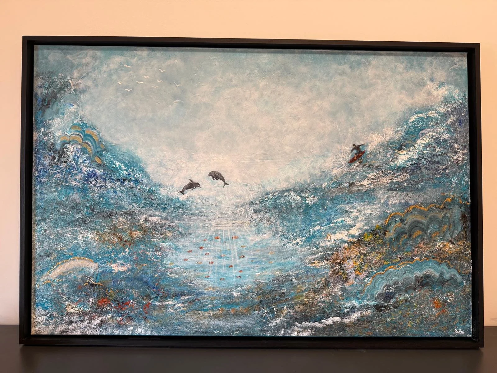 Abstraktes Acrylgemälde mit Ozeanmotiv, Delfinen und Surfer, gerahmtes Kunstwerk