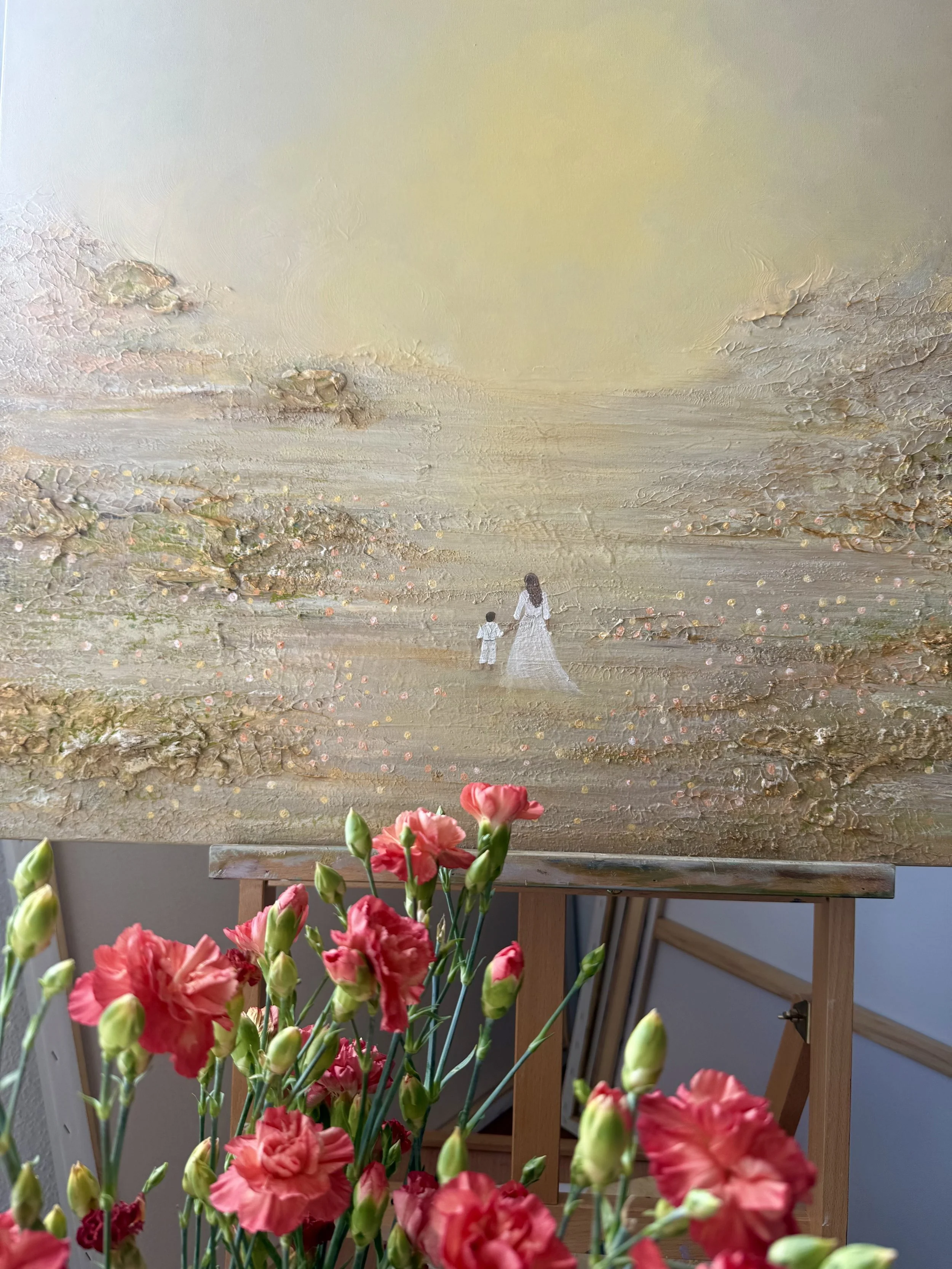 Moderne strukturierte Leinwandkunst in Beige und Gold