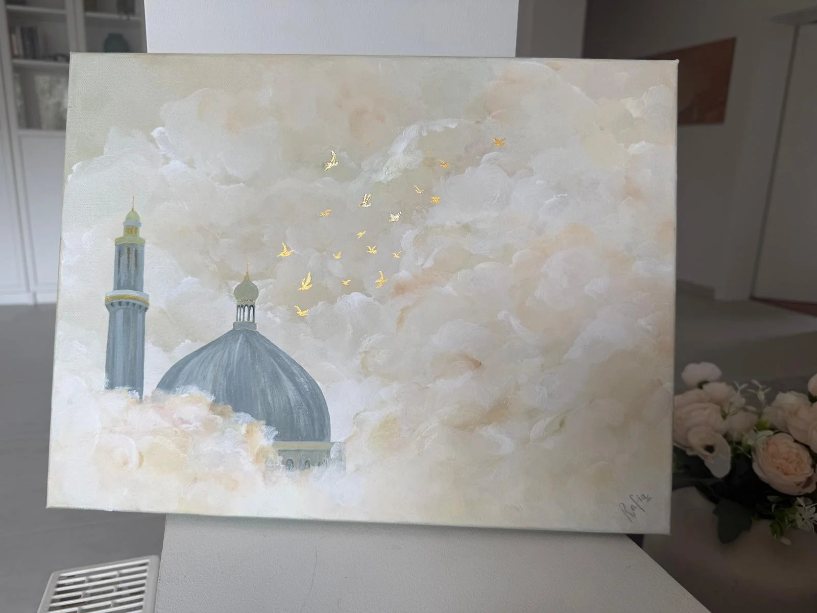 Islamische Kunst Leinwand Moschee Gemälde mit goldenen Vögeln in Wolken