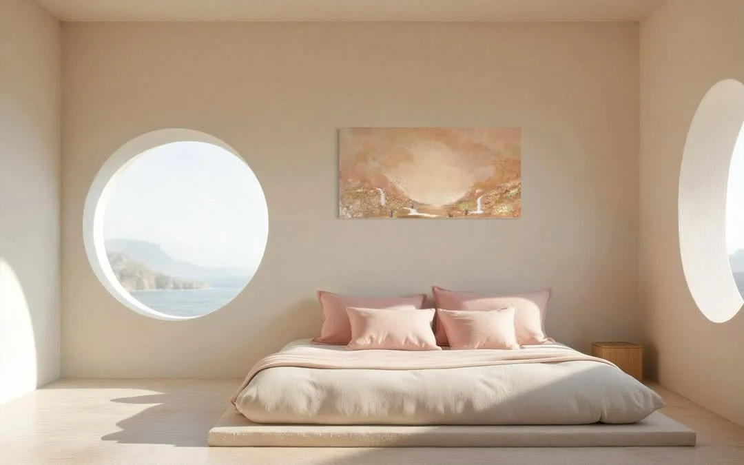 Abstraktes Landschaftsgemälde in warmen Erdtönen über einem minimalistischen Bett in einem ruhigen modernen Schlafzimmer