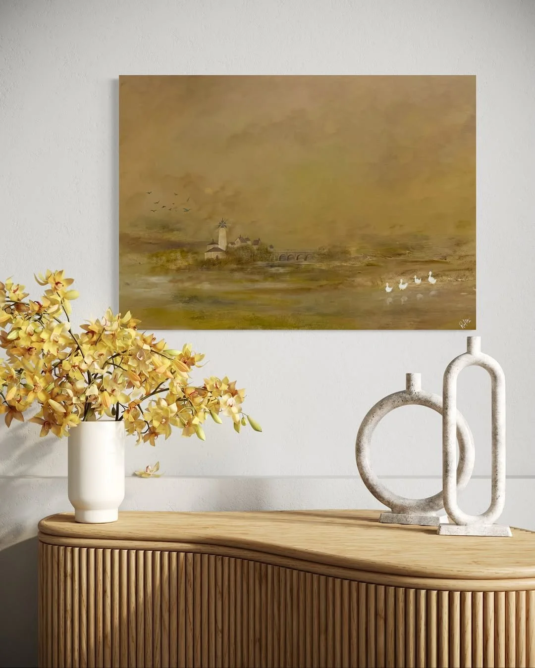 Brückenlandschaft-Kunstdruck, Panorama-Vintage-Dorfszene mit Schwänen