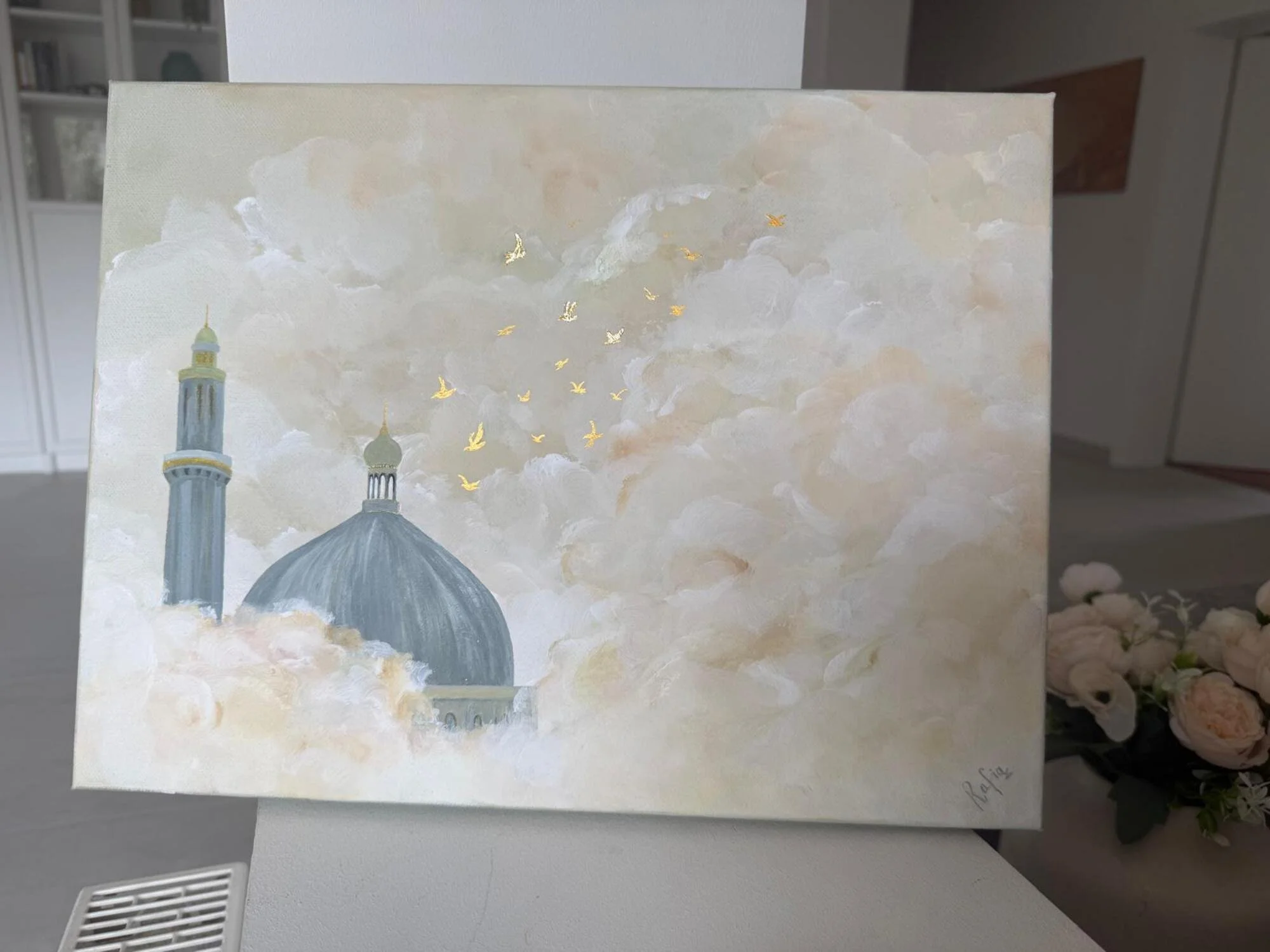 Moschee Wandkunst Fine Art Print mit Wolken und goldenen Vögeln