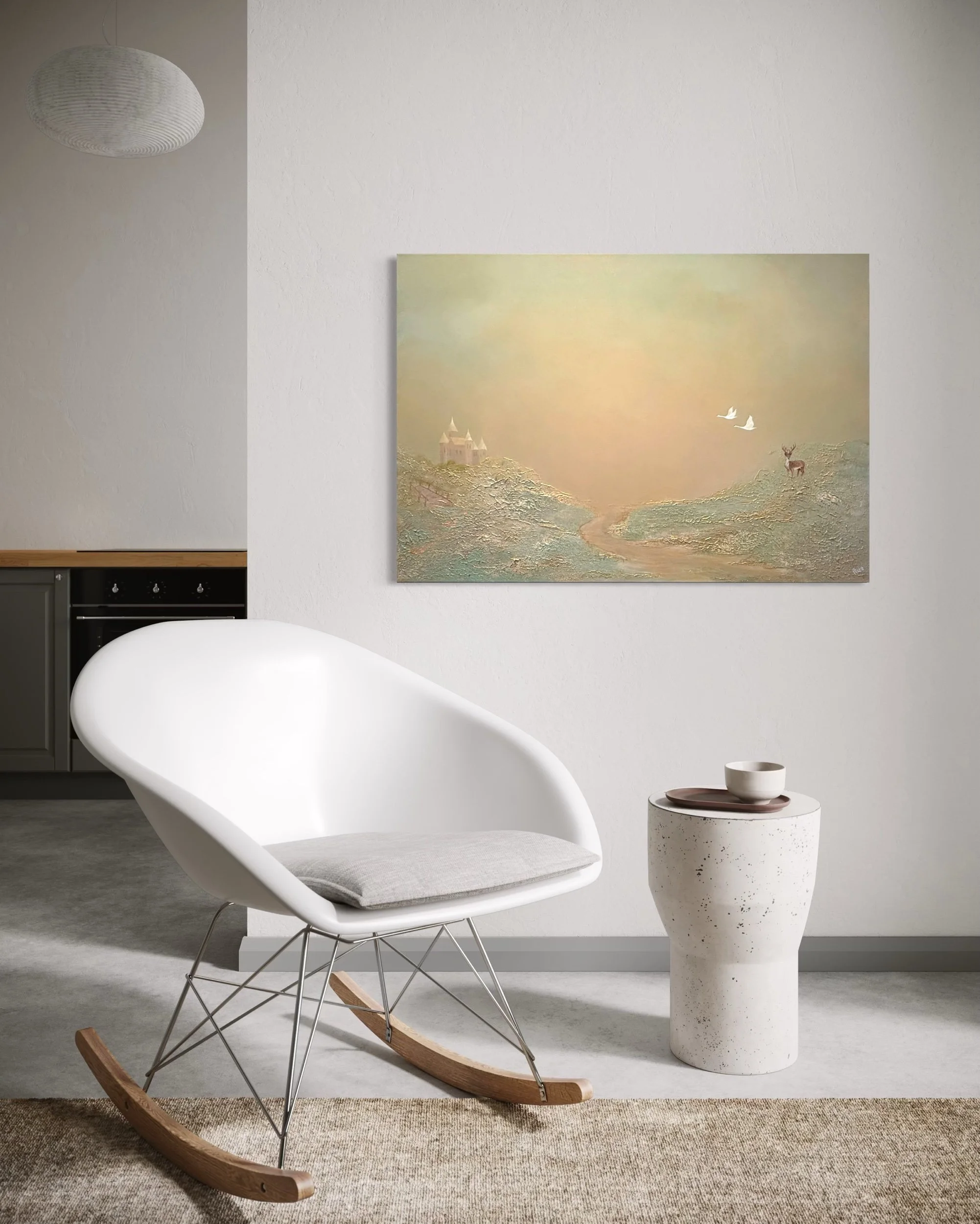 Kunstdruck „Goldene Landschaft“ im modernen Wohnzimmer mit abstraktem Panorama-Landschaftsdesign