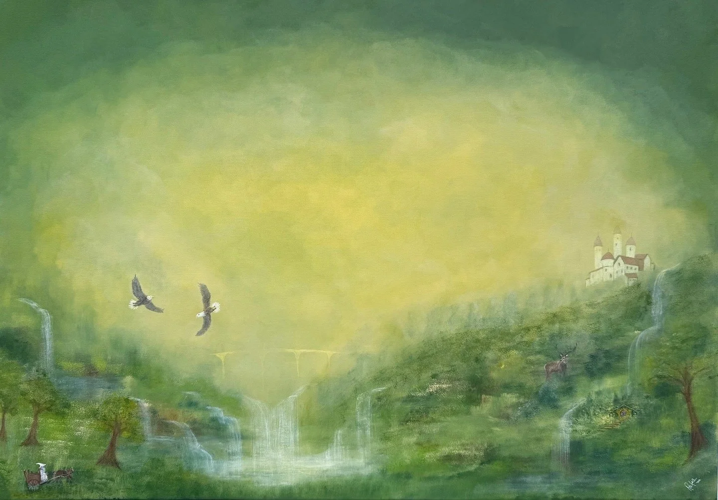 Kunstdruck einer Fantasielandschaft mit Burg und Wasserfällen in grüner Panoramaszene