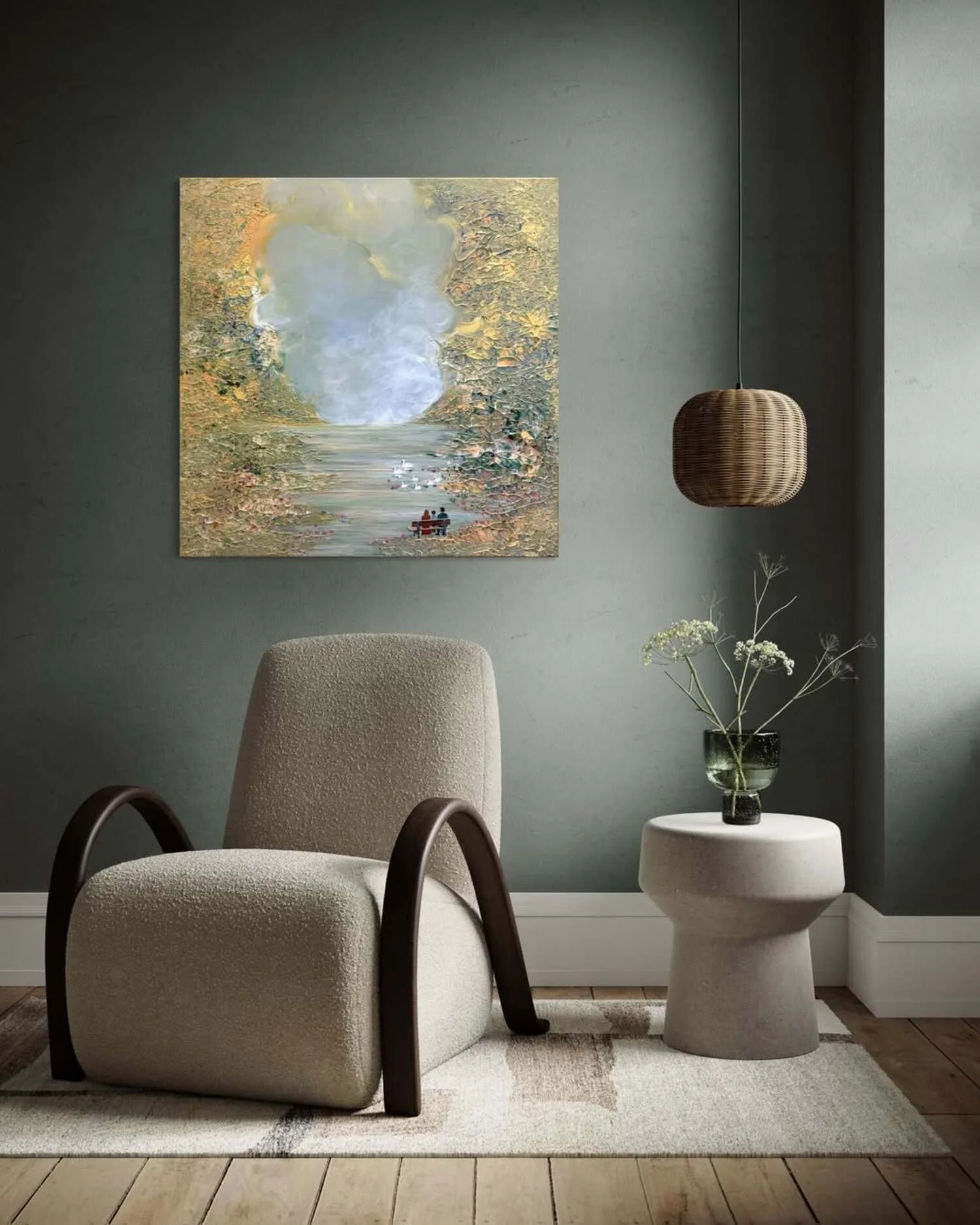 Kunstdruck einer Naturlandschaft mit Schwänen und strukturierter Goldlandschaft