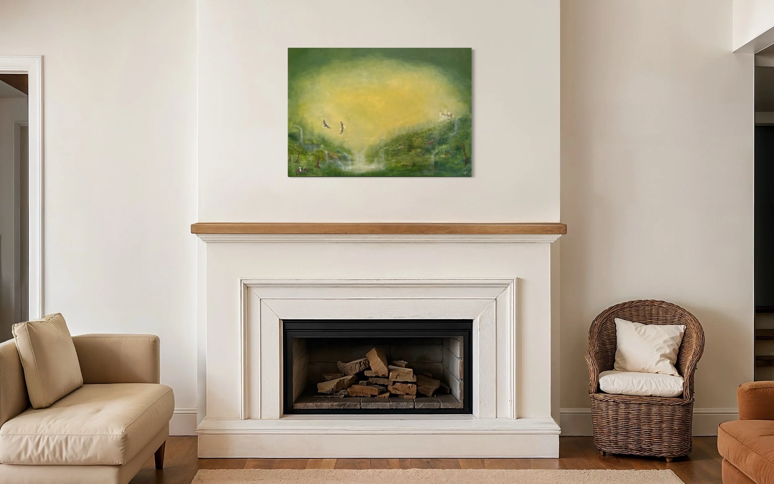 Fantasielandschafts-Kunstdruck über dem Kamin als zauberhafte Naturwanddekoration