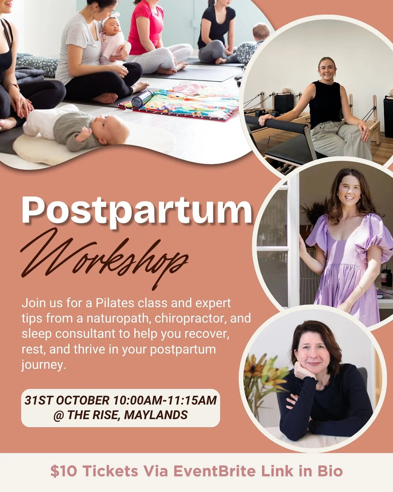 The 4th Trimester Workshop - Supporting You Through Postpartum 🌸

Learn from our expert panel including a naturopath, sleep consultant, and chiropractor. The workshop will include:

🧘&zwj;♀️ A gentle Mums and Bubs Pilates class
💤 Sleep strategies 