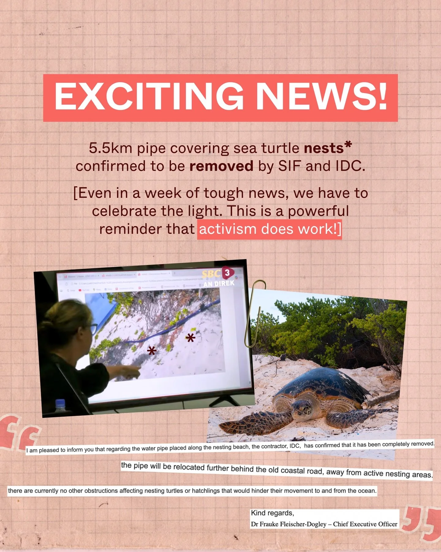 @sif_seychelles has confirmed that the 5.5 km water pipe that was blocking critical sea turtle nesting habitat on Assomption&rsquo;s beach crest has now been removed.

The presence of the pipe broke environmental guidelines for the development. This 