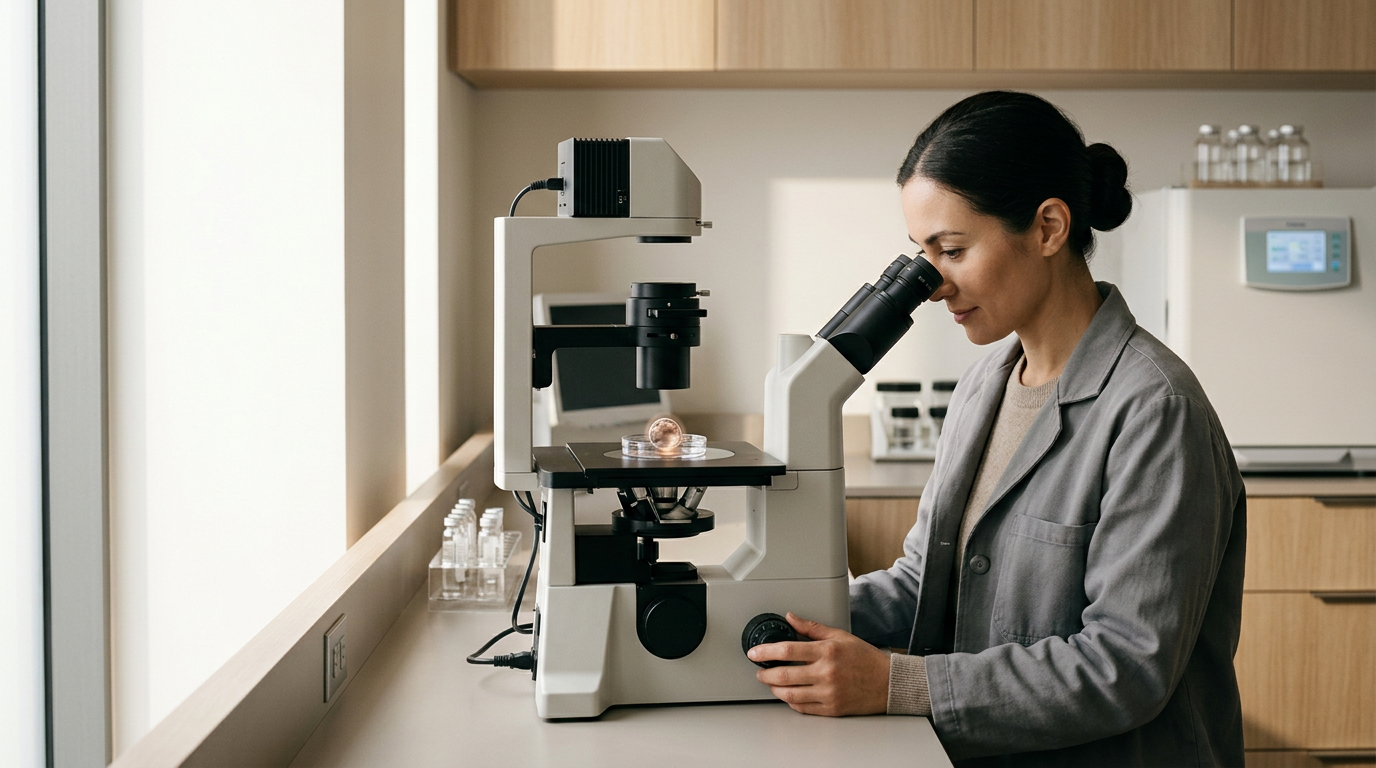 A clean, elegant horizontal editorial photograph capturing the cutting edge of reproductive medical science and serene hope.