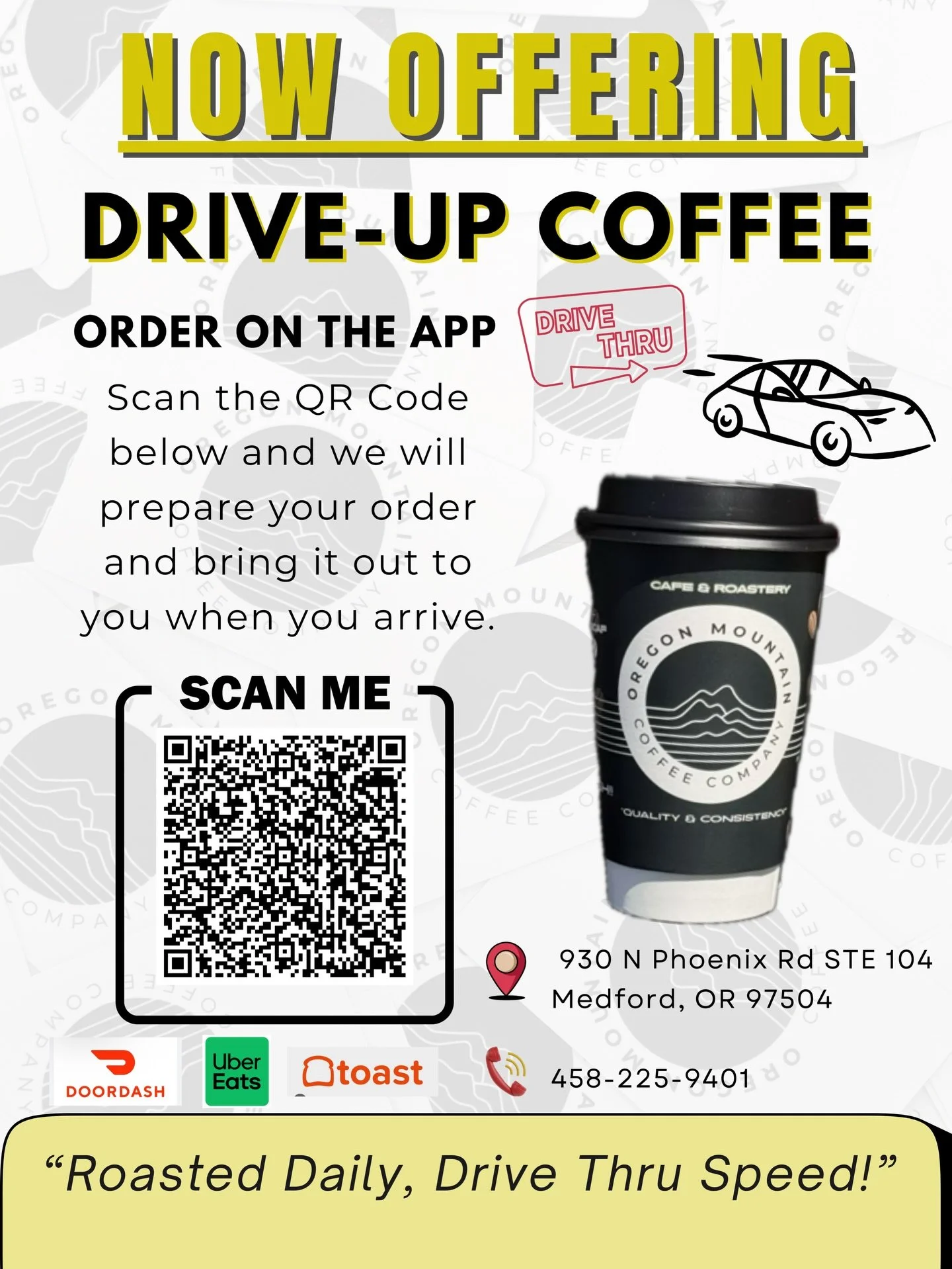 Now Offering Drive-Up Coffee! 🚗

Order your favorite brew right from your car! Just scan the QR code below, place your order on the app, and we&rsquo;ll have it ready when you arrive. 

📍 Location: 930 N Phoenix Rd STE 104, Medford, OR 97504 
📞 Ca