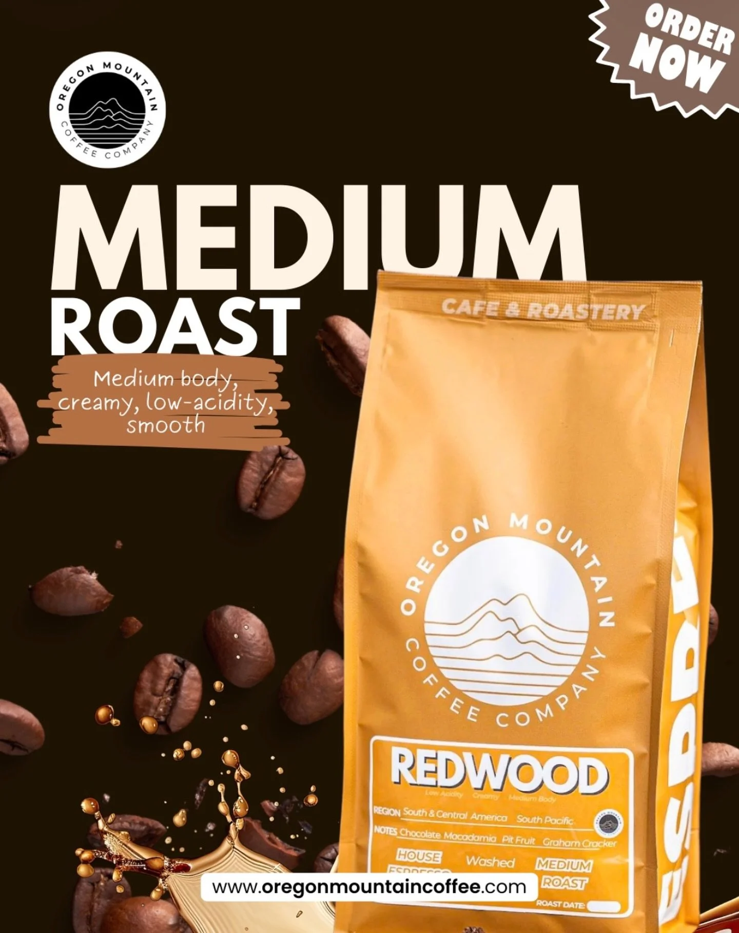 Our Redwood Medium Roast is all about balance.
A smooth, creamy espresso with low acidity and comforting notes of chocolate, macadamia, and graham cracker.

Roasted in-house and served daily&mdash;this is our go-to blend for a reason.

#oregonmountai
