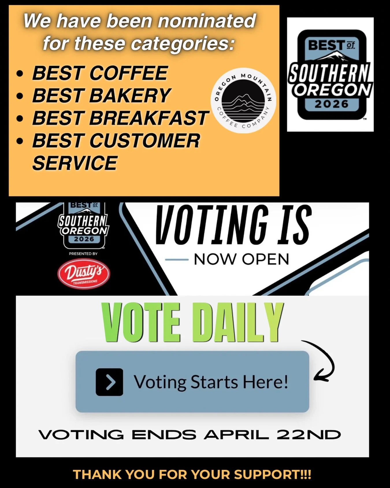 WE HAVE BEEN NOMINATED 🙌

Best Coffee
Best Bakery
Best Breakfast
Best Customer Service

Voting is LIVE + you can vote DAILY 👀
We&rsquo;d love your support!

https://bestofsouthernoregon.com

Thank you for being part of our story ❤️

#VoteLocal #Bes
