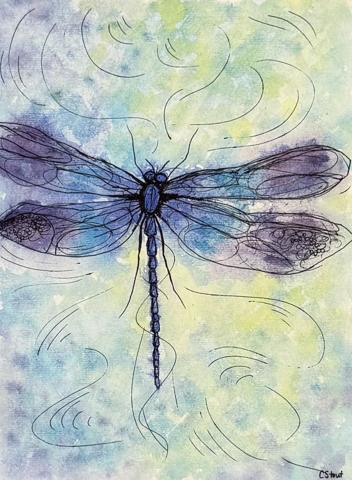 Watercolor and ink dragonfly
