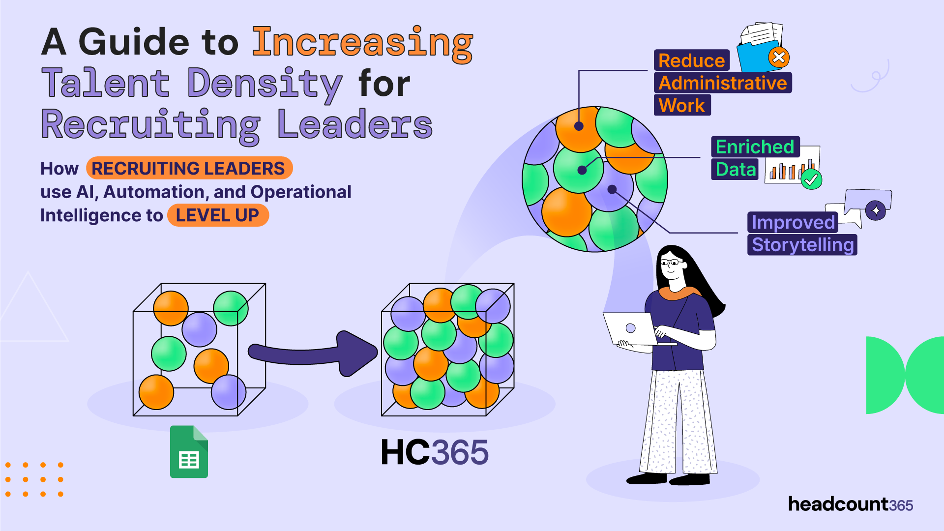 Infographic: A Guide to Increasing Talent Density for Recruiting Leaders. Shows how moving from spreadsheets to headcount365 uses AI and automation to reduce administrative work, provide enriched data, and enable improved storytelling.