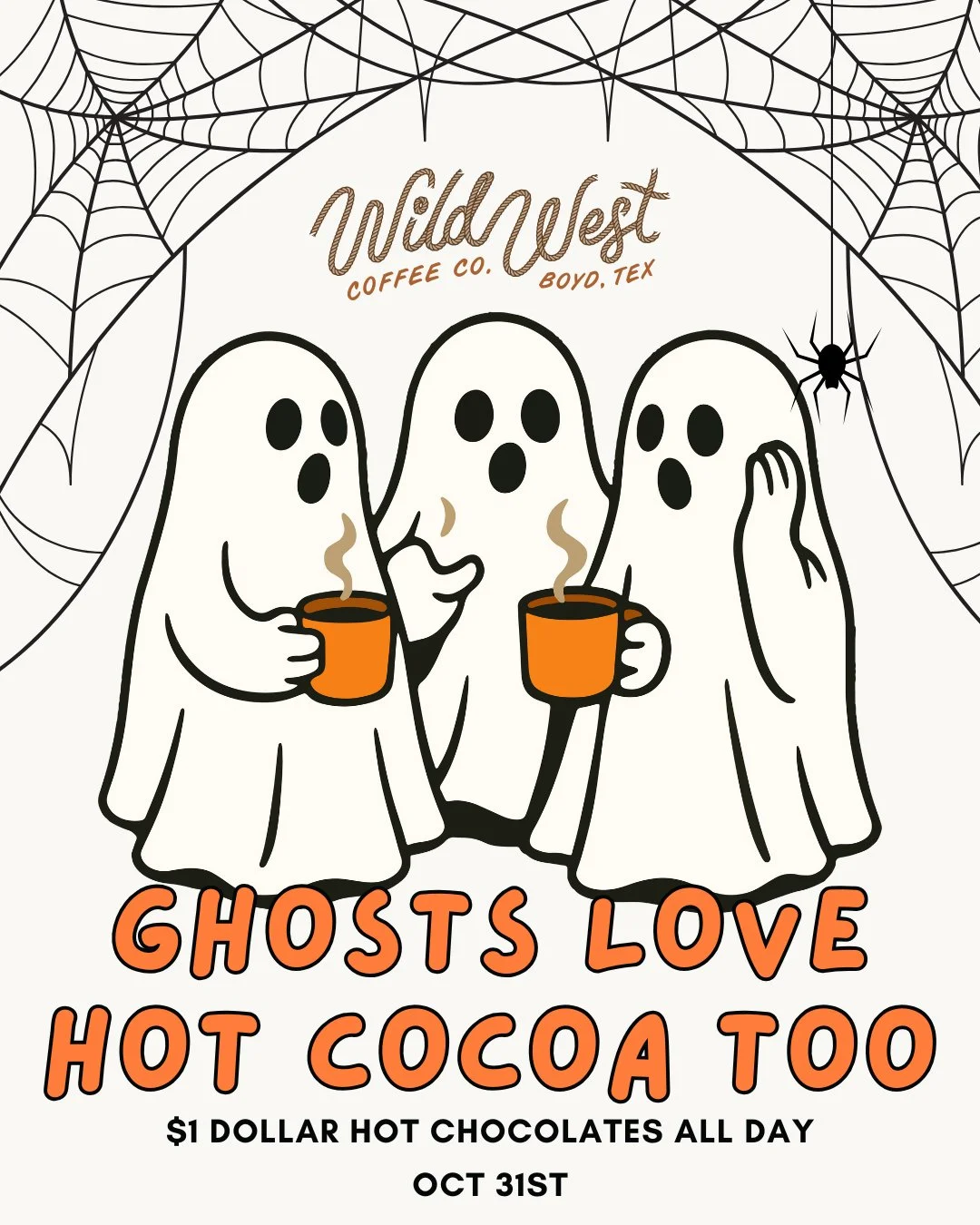 Even ghosts can&rsquo;t resist a cozy cup! Warm up this Halloween with $1 hot chocolates (12oz) all day long on Halloween! 👻