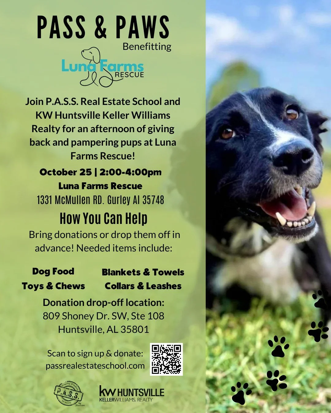 It’s almost time for PASS & PAWS! 🐾💙
Join us Oct. 25 | 2–4 PM at Luna Farms Rescue for an afternoon of giving back + puppy love! 🐕💚
Drop off donations early or shop from our Amazon list at passrealestateschool.com 🛍️🐾
#PASSandP