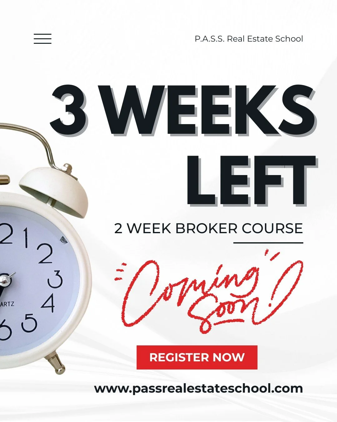 ⏰ Only 3 weeks left!
Our 2-Week Broker Course is almost here &mdash; don&rsquo;t wait to secure your spot!
Start your next chapter with P.A.S.S. Real Estate School.
🔗 Register now: passrealestateschool.com

#pass #passrealestateschool #preparingalls