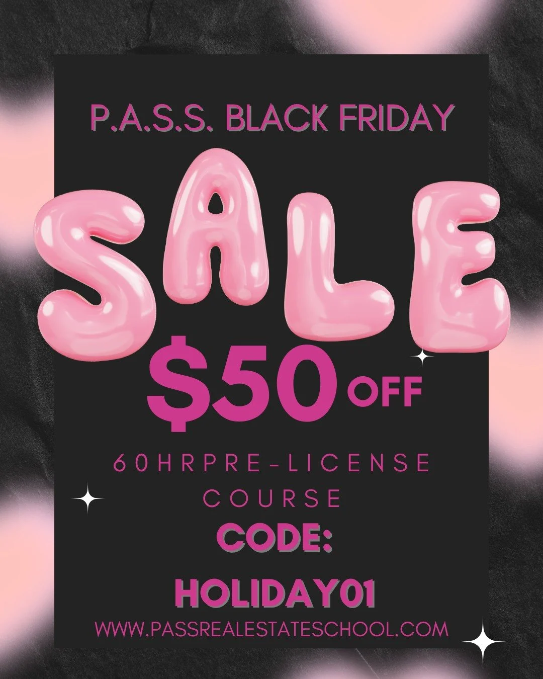 ✨ BLACK FRIDAY IS ALMOSTHERE! ✨
Start your real estate journey for less &mdash; get $50 OFF our 60hr Pre-License Course with code: HOLIDAY01

👉 www.passrealestateschool.com

Limited-time only...see you at checkout on FRIDAY!!