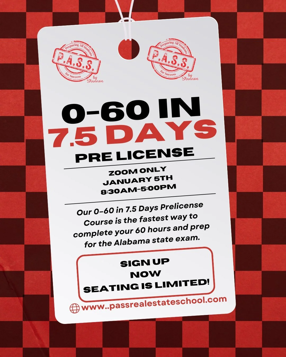🔥 0&ndash;60 in 7.5 Days! Ready to fast-track your real estate career?
Our Rocket-Speed Prelicense Course kicks off January 5th &mdash; Zoom Only! 🚀📚

👉 Finish your 60 hours fast
👉 Prep with confidence for the Alabama state exam
👉 Limited seats