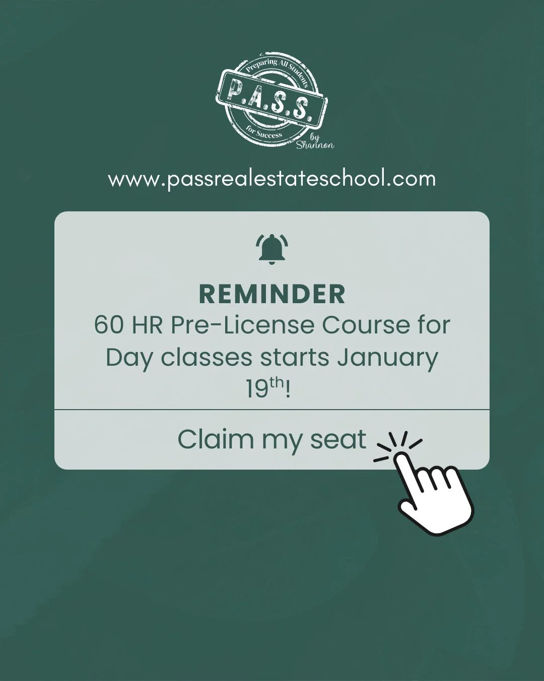 ⏰ Friendly reminder
Our 60 Hour Pre License Day Course starts January 19th
Spots are limited so claim your seat today 🏡✨

🔗 www.passrealestateschool.com

#PASSRealEstateSchool #RealEstateClass #PreLicenseCourse #FutureRealtor #HuntsvilleAL