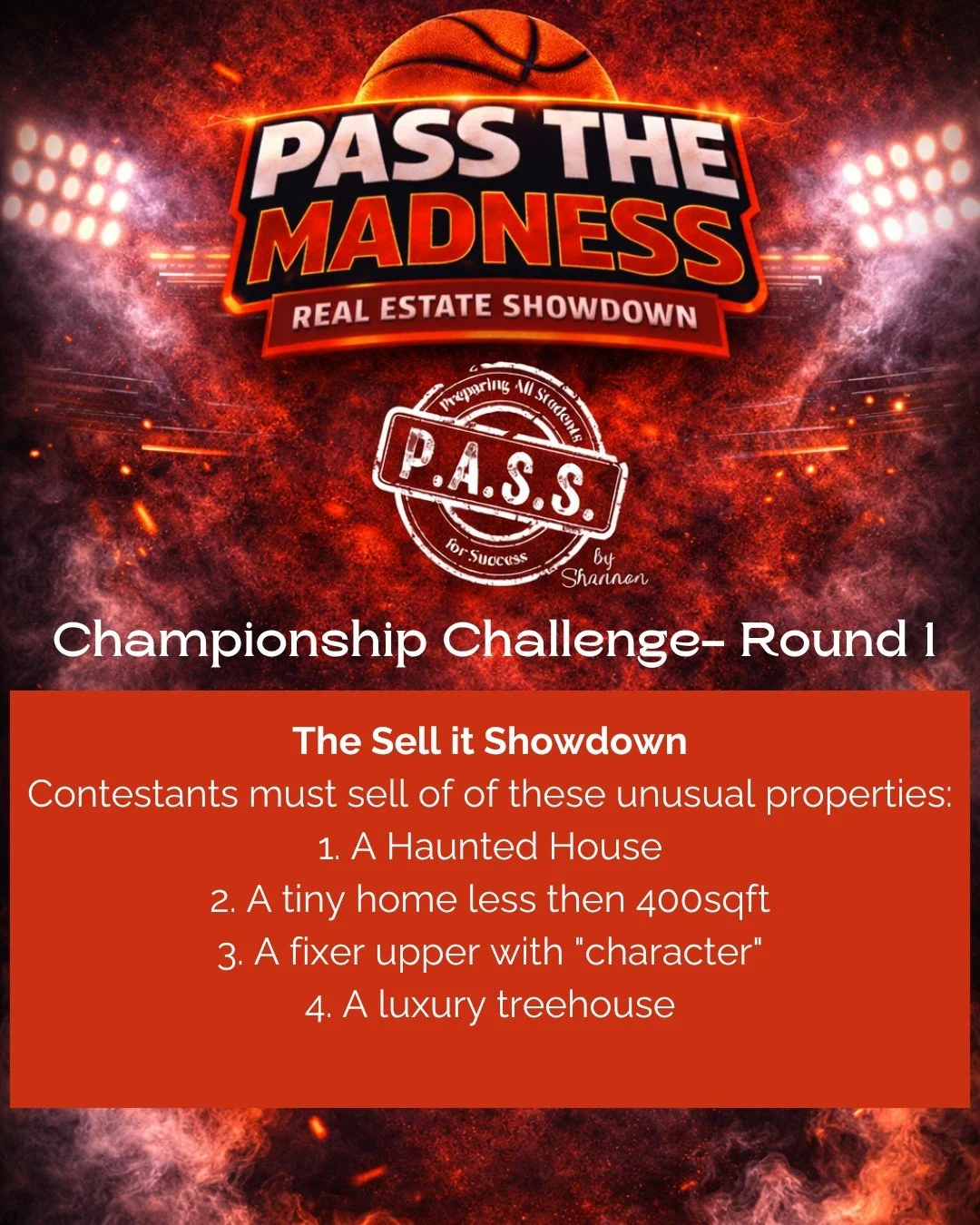 🏀 The Championship Rounds Are Here

It&rsquo;s down to the final two in **P.A.S.S. the Madness.**

Shane vs Carrie.
Two more rounds. One champion. Stay Tuned!🔥

#PASStheMadness #pass #preparingallstudentsforsuccess  #passrealestateschool