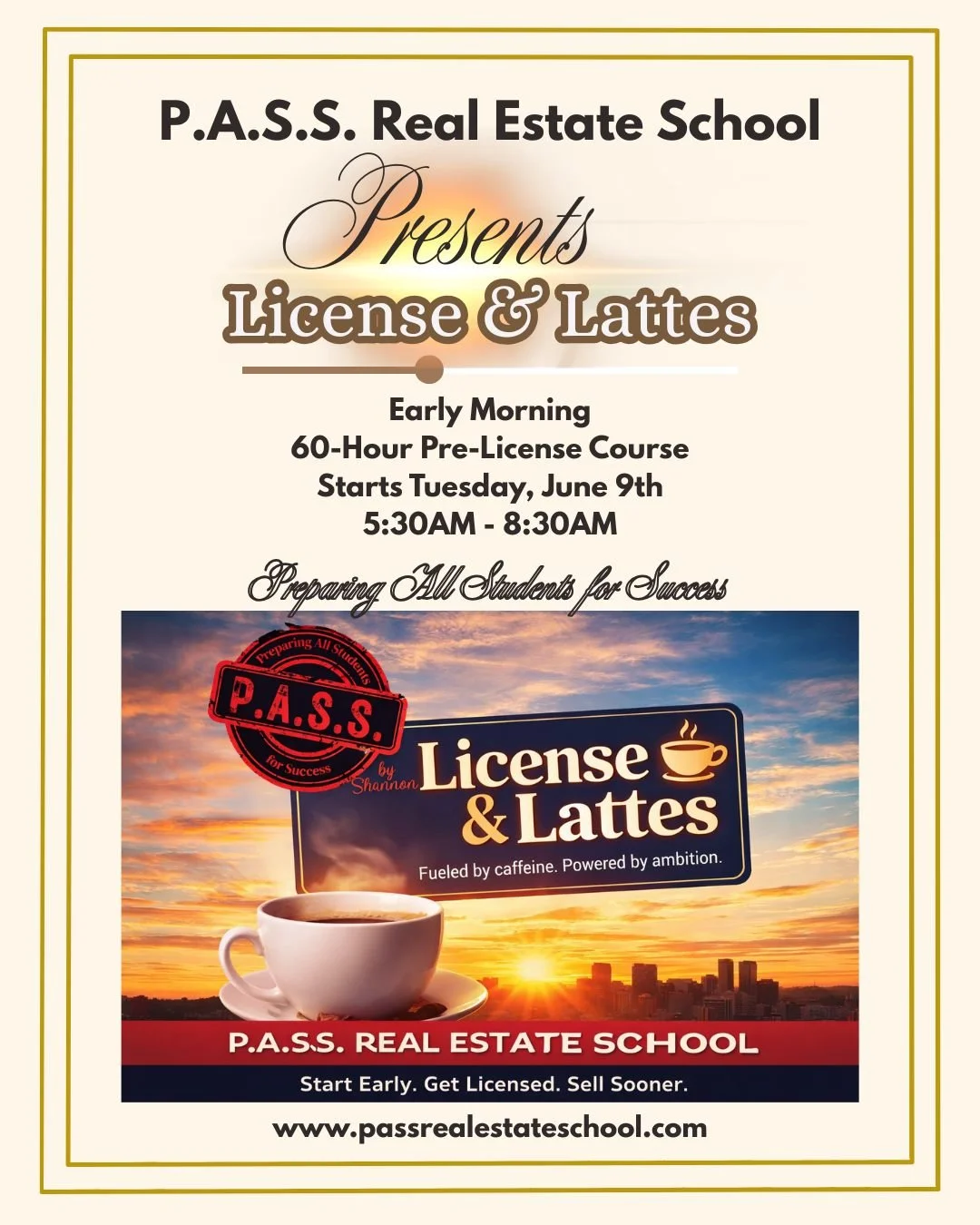 ☕️☀️Coffee brewing as we speak!
License &amp; Lattes-Early mornings just got exciting&mdash;join our License &amp; Lattes Pre-License Class and kickstart your real estate career before breakfast. 🌅💼
✨ Why you&rsquo;ll love it:
 &bull; Live on Zoom-