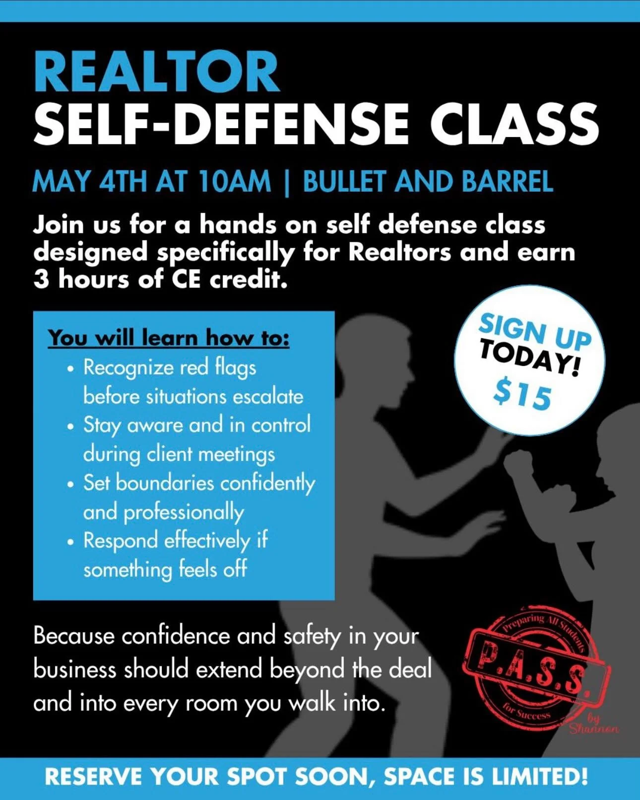 BIG UPDATE!! Our Realtor Safety Class is now CE certified. Earn 3 hours of CE credit. Share with your Realtor friends and join us for a Realtor Safety and Self Defense Intensive designed specifically for agents. 📲‼️

This hands on training is led by