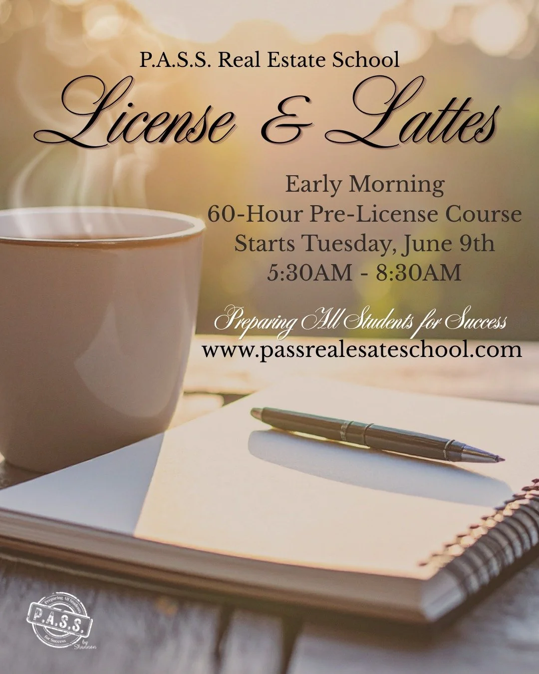 ☕🌅 Your future called&hellip; it starts at 5:30AM.

Skip the snooze button and start building the career you&rsquo;ve been dreaming about with our License &amp; Lattes Early Morning Pre-License Course! 🏡💼

Imagine this:
✨ Coffee brewing
✨ Goals ge