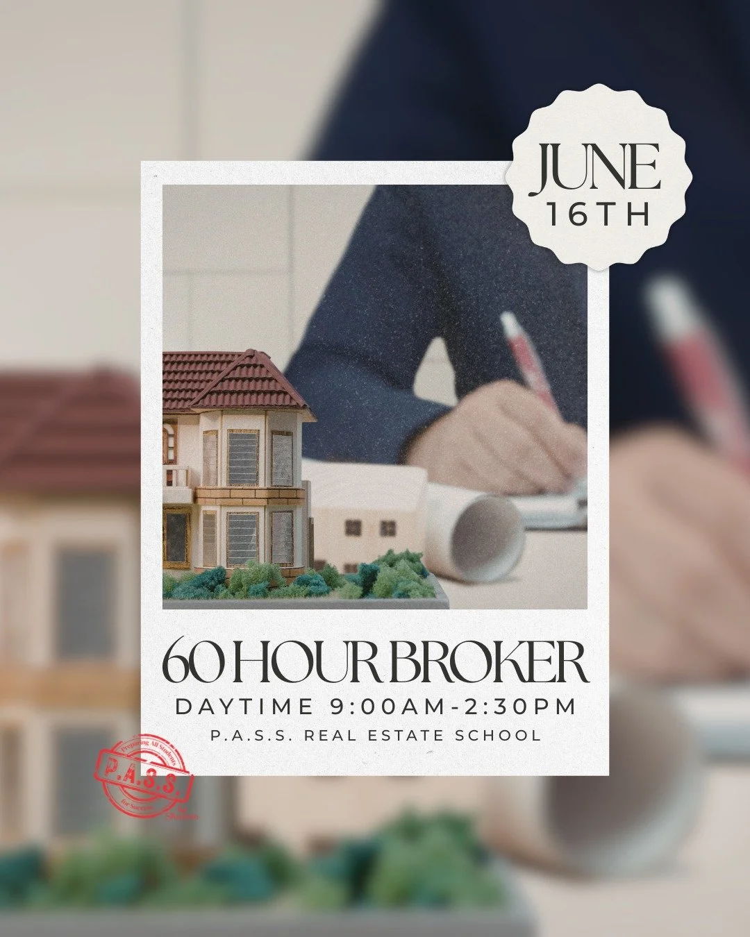 Summer and leveling up your career?? YES!🏖

☀June 16th is the first day of our 60 Hr Broker Course. Snag your seat now- they are limited and filing up! In person or ZOOM at 9:00am-2:30pm. 

🌟Register at: www.passrealestateschool.com 

#passrealesta