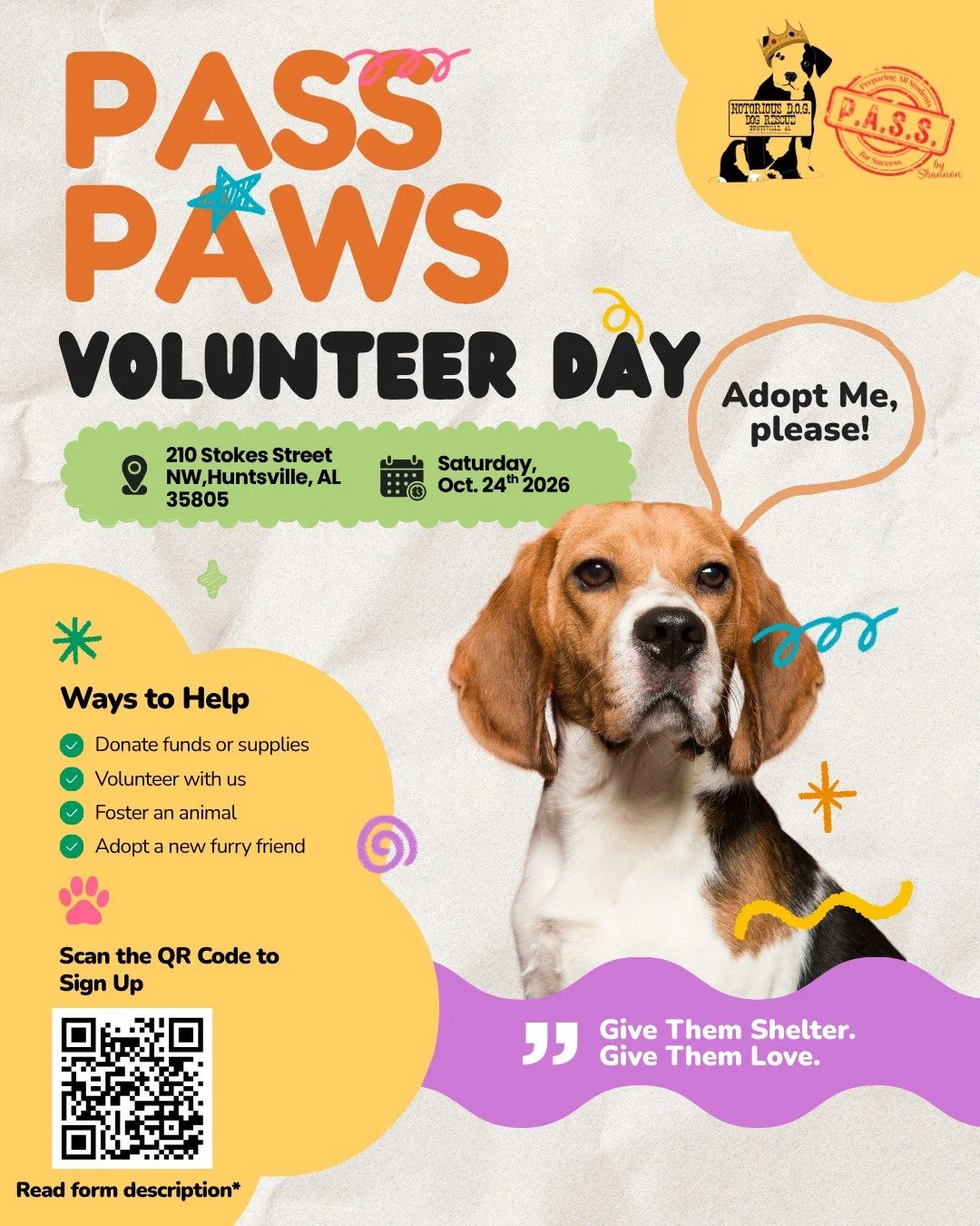 🐾 IT&rsquo;S THIS SATURDAY! P.A.S.S. &amp; PAWS 2026! 🐶❤️

We&rsquo;re teaming up with Notorious D.O.G. for a morning of dog walking, volunteering, and giving back to animals in need!

📅 Saturday, October 24th ⏰ 9:00 AM 📍 210 Stokes Street NW, Hu