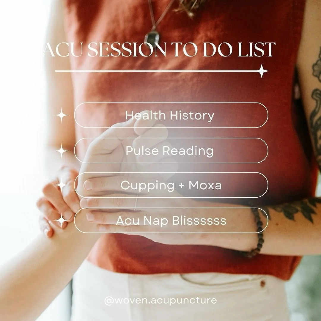 The best kind of to do list! 
- Chit chat about health history (time for you to be heard, fully) 
- Pulse reading  (to confirm TCM diagnosis)  
- Cupping + Moxa  (first step towards healing and bliss)  
- Acu nap time  (20 mins of quiet time for you 