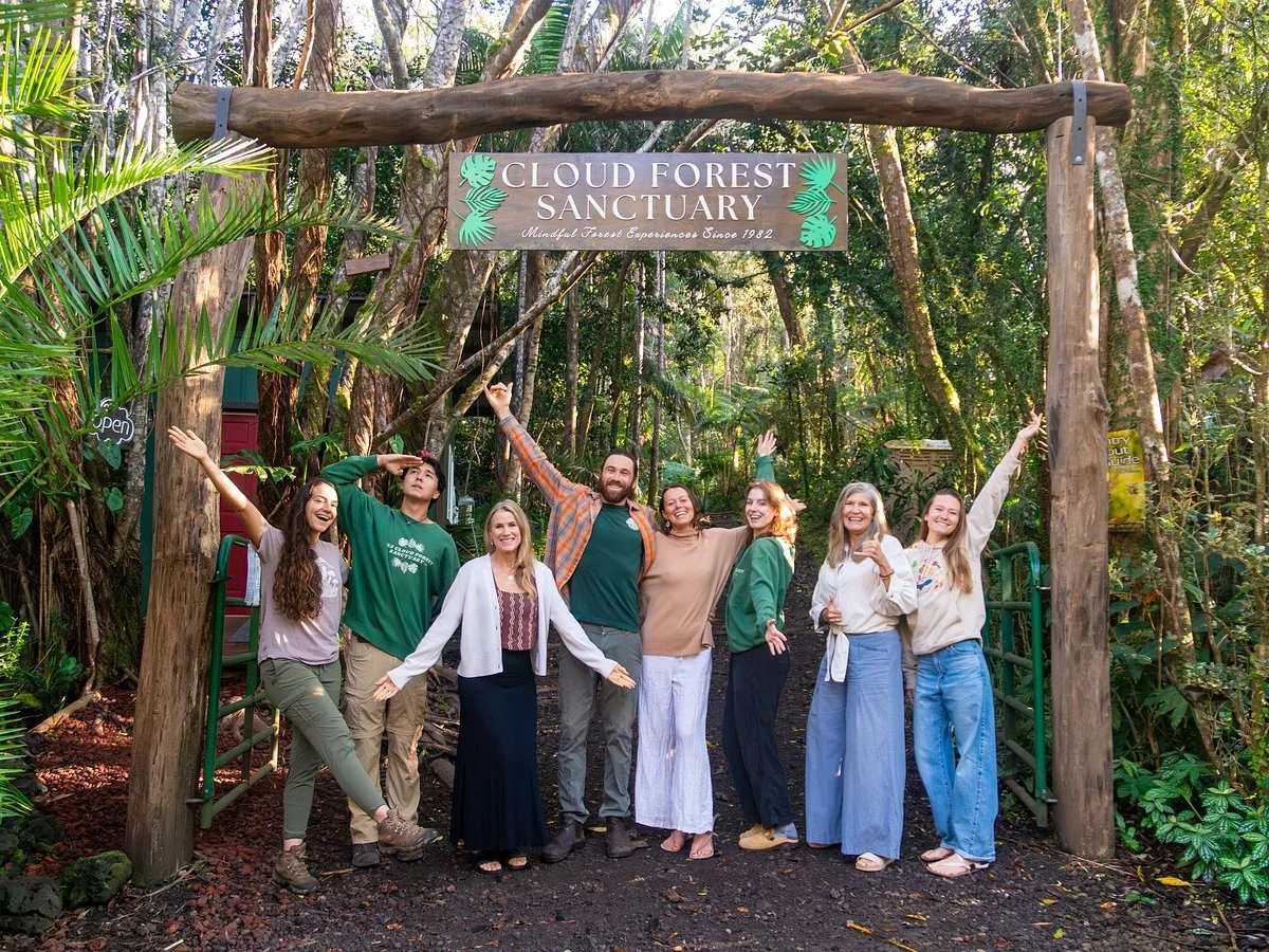A group of nine smiling people standing under a sign that reads 'Cloud Forest Sanctuary,' in a lush, green rainforest setting. They appear joyful, with some raising their arms.