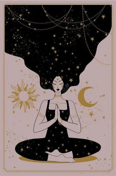 Illustration of a woman meditating with her eyes closed, sitting cross-legged with hands in prayer position, black hair filled with stars, a sun and moon in the background, and a dreamy, celestial theme.