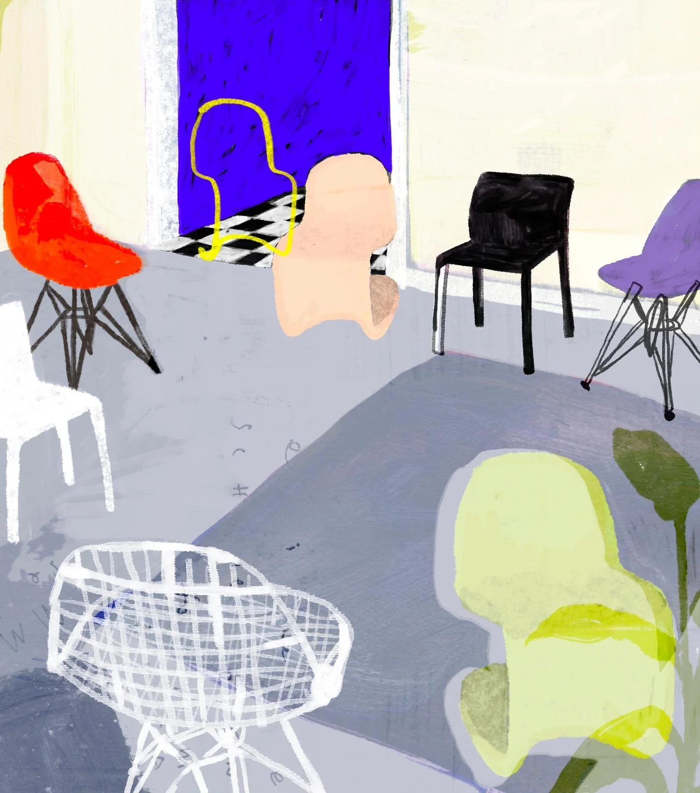 Skizze eines modernen, bunten Wohnzimmers mit vier unterschiedlichen Stühlen, einem Teppich und Pflanzen.