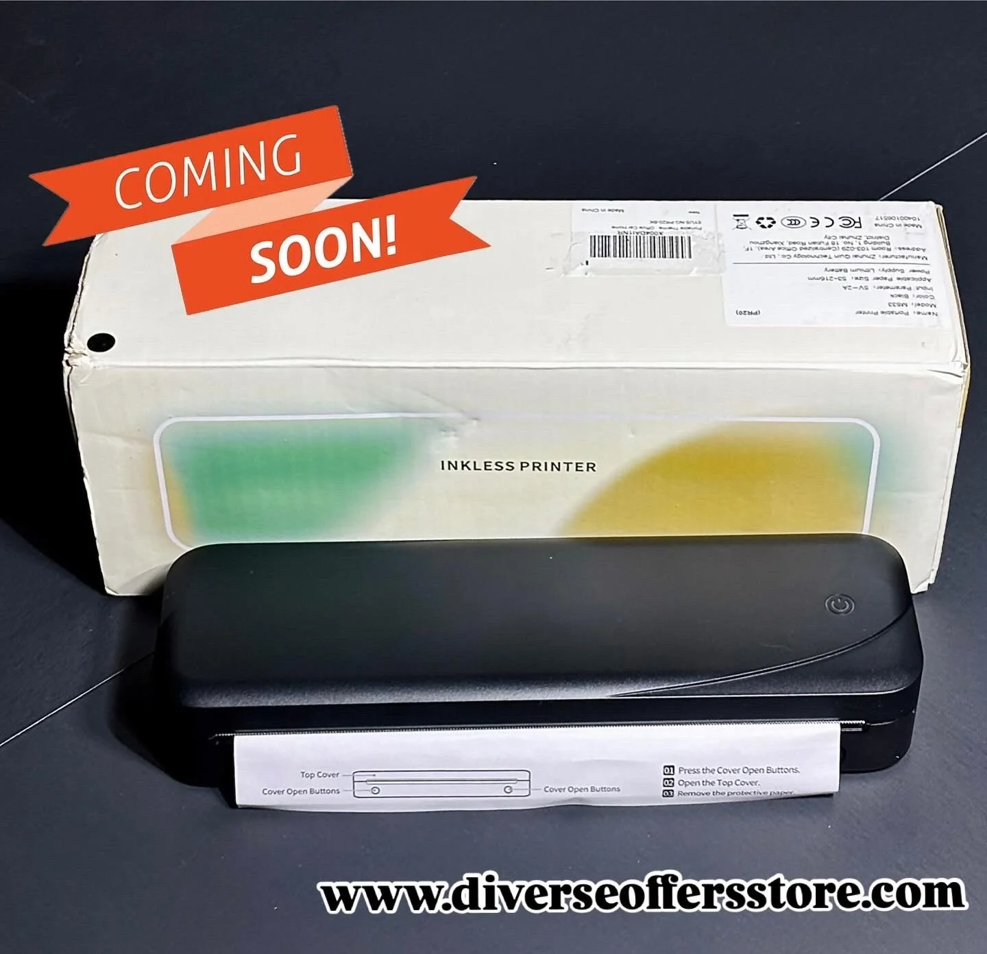 Inkless printer displayed in front of its packaging with a "Coming Soon!" label and a website URL www.diverseoffersstore.com.