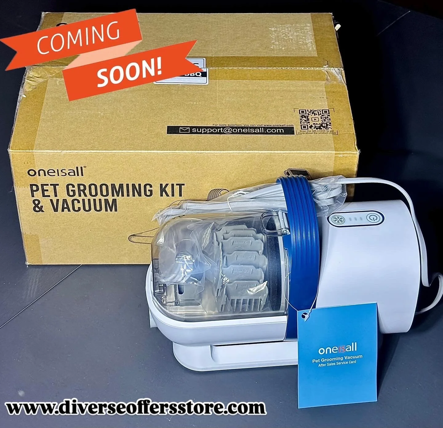 Pet grooming kit and vacuum box and machine with blue label on display.