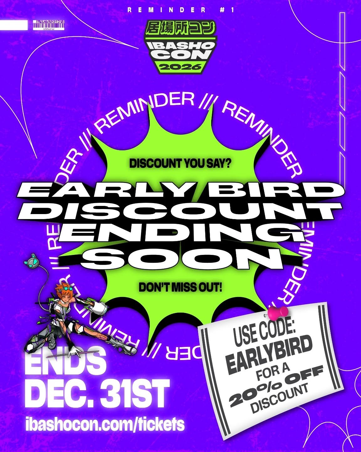 JUST IN CASE YOU GUYS FORGOT, we have an EARLY BIRD discount for any and all IbashoCon passes! But don&rsquo;t forget - the discount code will only be available until December 31st.

What better gift for your anime-loving loved-ones than a free pass 